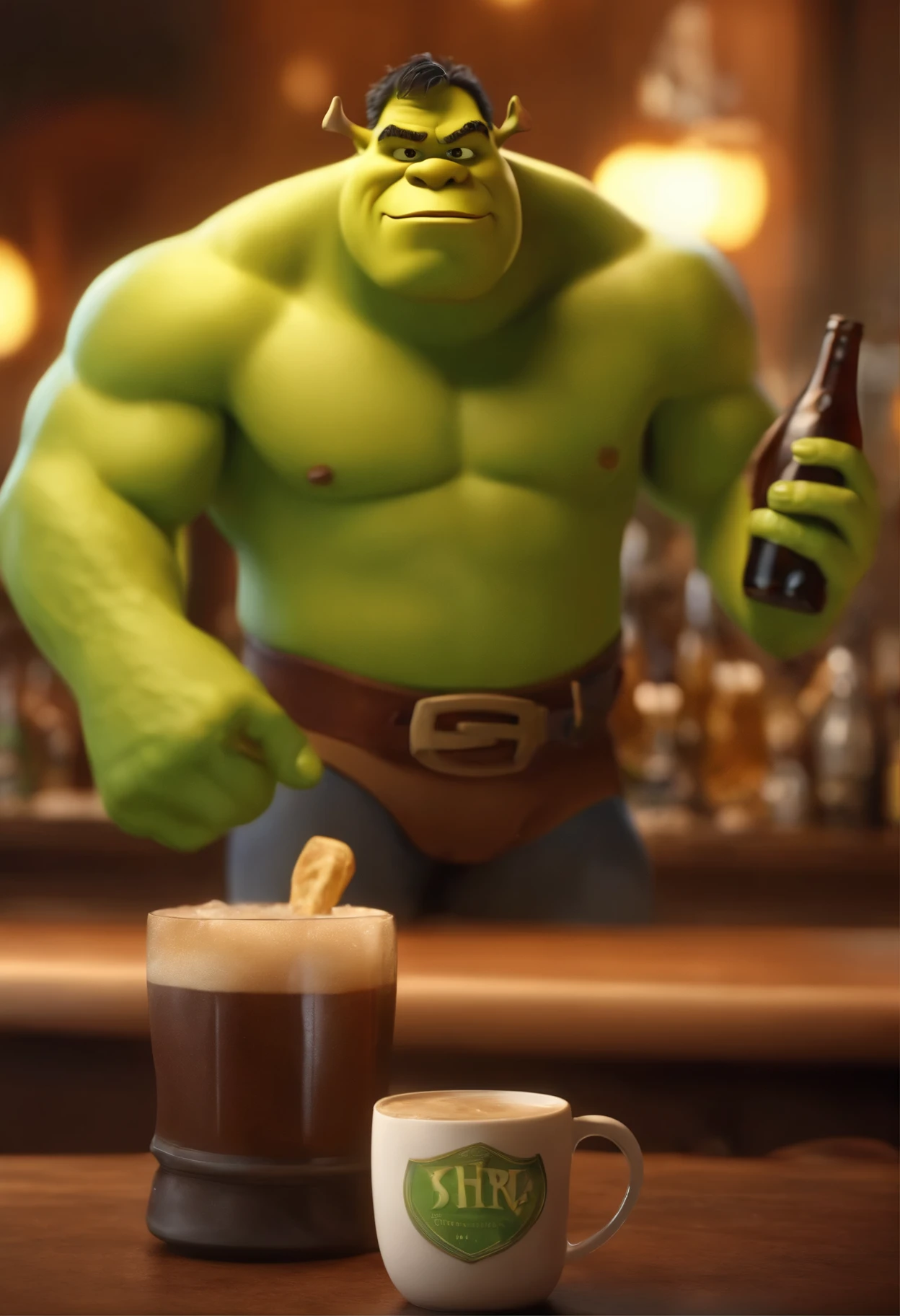 Imagem estilo Pixar da Disney de dois homens velhos em um bar, segurando canecas de cerveja. Fantasiados dos personagens Hulk e Shrek. a sign with the name of the bar is visible. Personagem de desenho animado, homens com fantasia de Hulk e Shrek, olhos verdes, sem camiseta, segurando uma caneca de chope, behind a counter in an Irish-style bar, luzes amareladas, animation character, Personagem estilizado, style rendering animation, Estilizado em 3D, Personagem 3D, Stylized 3D rendering, Personagem 3D rendering, Personagem de desenho animado, (Estilo Pixar) ( obra de arte: 1.2 ) (bokeh) (melhor qualidade) (pele detalhada) (textura detalhada) (8K) (Argila) (Yellowish cinematic lighting) sharp focus, Estilo Pixar Disney.