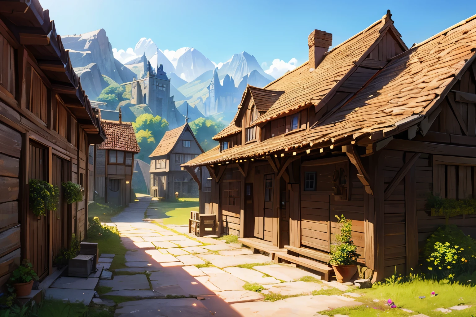 A small medieval village, fantasy, D&D, concept art, sharp focus, trending on artstation, digital painting, midday, sunny, beautiful, texture, wizards of the coast, tabletop, roleplay, stone and wooden building materials, poor village