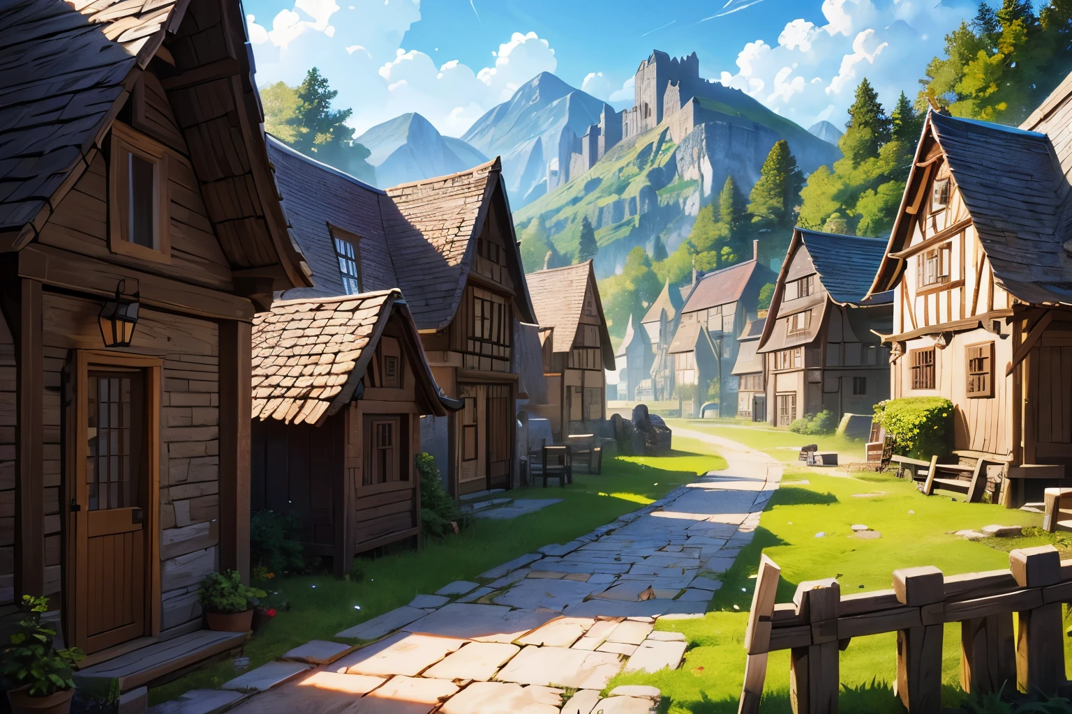 A small medieval village, fantasy, D&D, concept art, sharp focus, trending on artstation, digital painting, midday, sunny, beautiful, texture, wizards of the coast, tabletop, roleplay, stone and wooden building materials, poor village