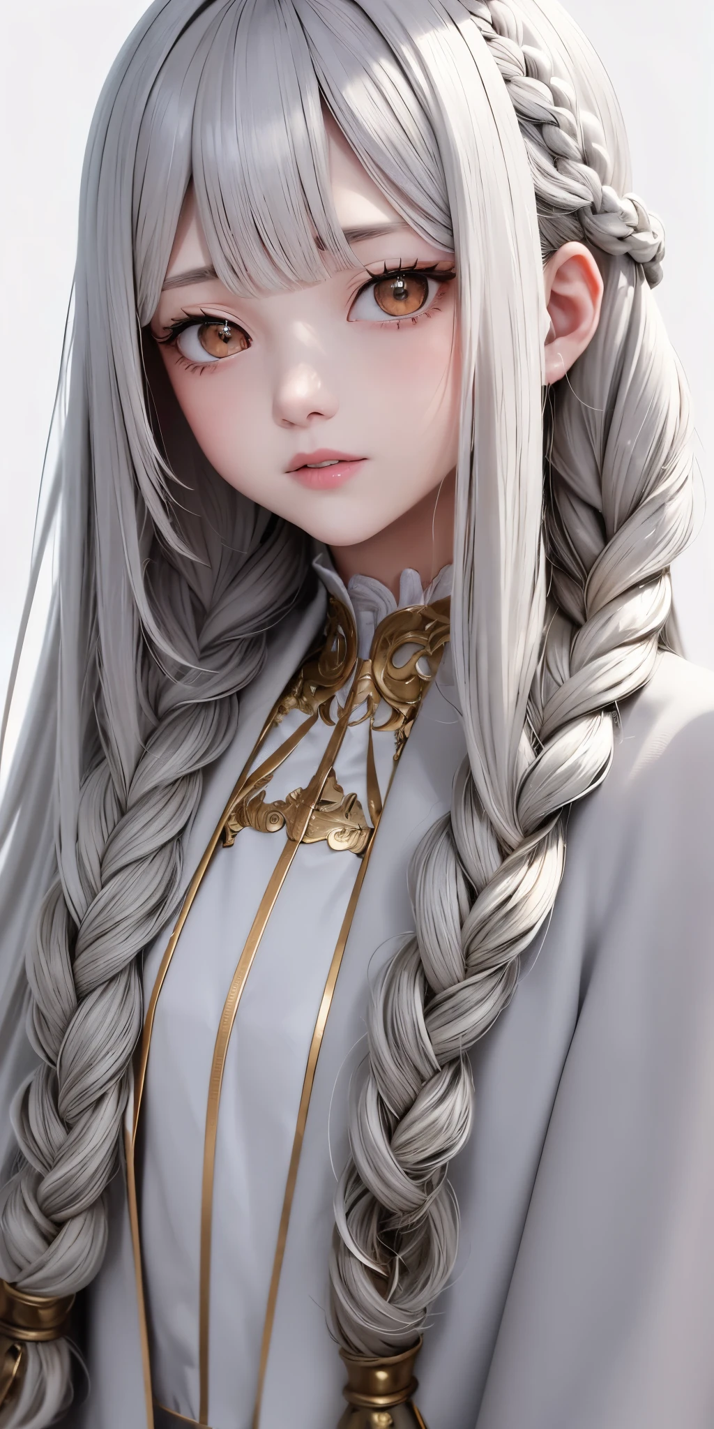 highest quality, masterpiece,gray hair, gold eyes,white clothes, look up, Upper body,hair bundle,Fair skin,side braids