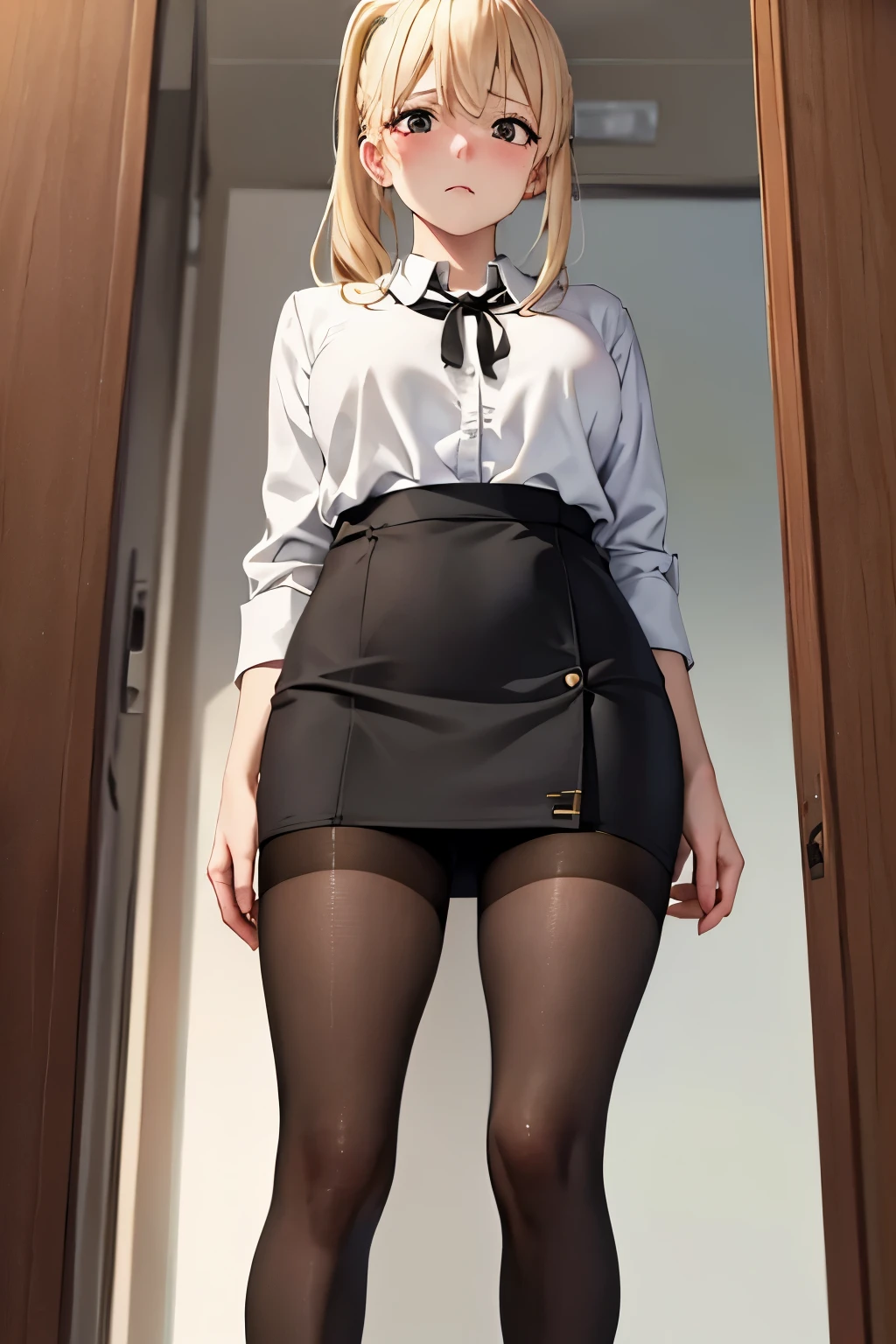 muste piece, best quality, 1 girl,blonde, (black eye:1.2),((Office Lady)、((stockings))、((embarrassed expression))、((Mi Hai Sand))、((Photo from below))、(((blouse)))、((long hair))、((C cup breastpread legs))、(ponytail)