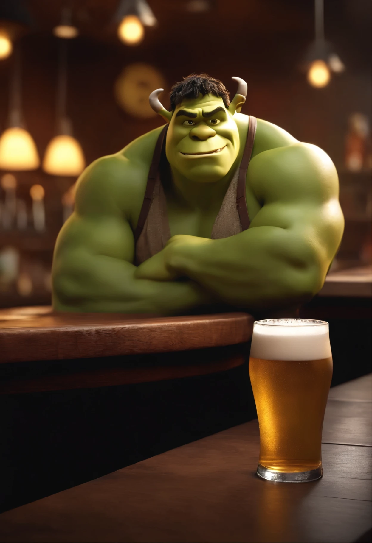 Shrek1024, wears a puffy jacket and a tracksuit, drink a beer in an english pub, detailed eyes, highly detailed, photography, ultra sharp, film, bokeh, professional, 4k <lora:Shrek1024:0.8> <lora:add-detail-xl:1.5>