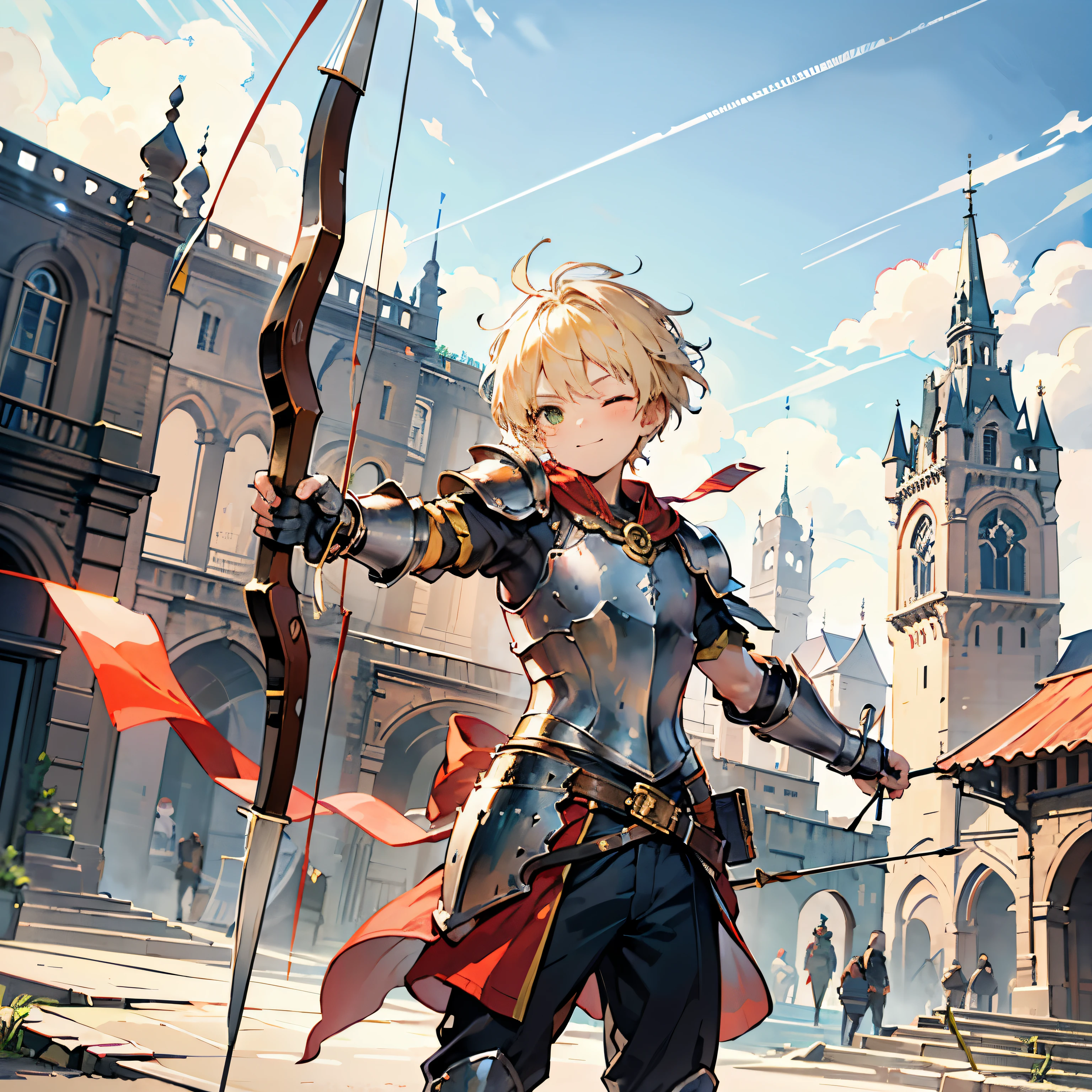 Front view, dynamic angle, 1 boy,  boy, archer, kider, blonde hair, green eyes, cute, confident, cocky, smile, 1 eye closed, yellow armor pieces, 1 shoulder plate, shoulder plate and gauntlet in his left arm, armor headpiece, minimal chest plate, no lower body armor, holding a wooden bow in his left hand, simple wooden bow, ready to shoot his arrow, bow and arrow, shooting pose, archer pose, action pose, dynamic pose, medieval setting, medieval city background, castle background, medieval castle background