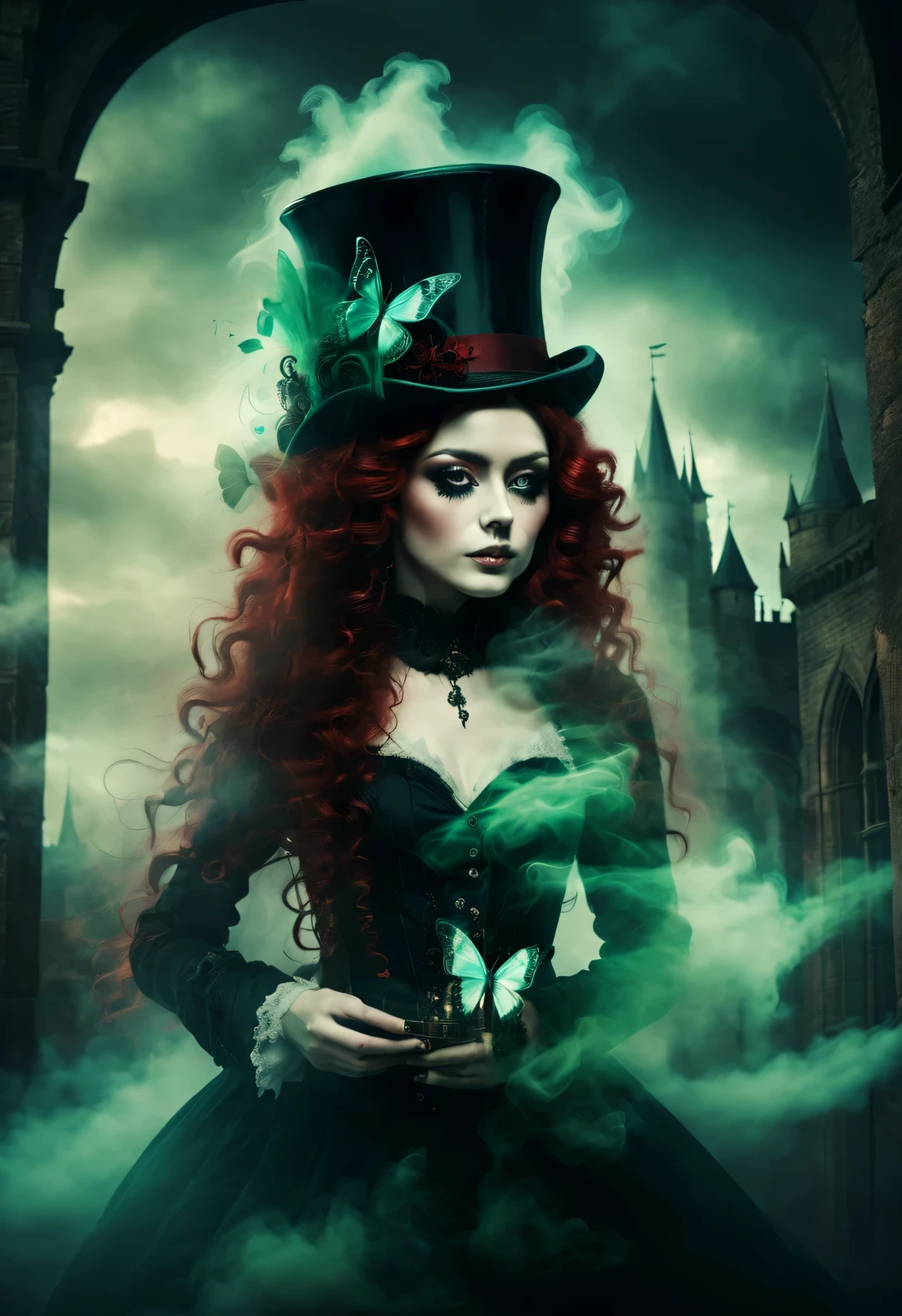 gothic dark art，double contact，Dream，amazing rag doll，ethereal，Long curly crimson hair，castle，dark green，top hat，gear，Butterfly，smokes，