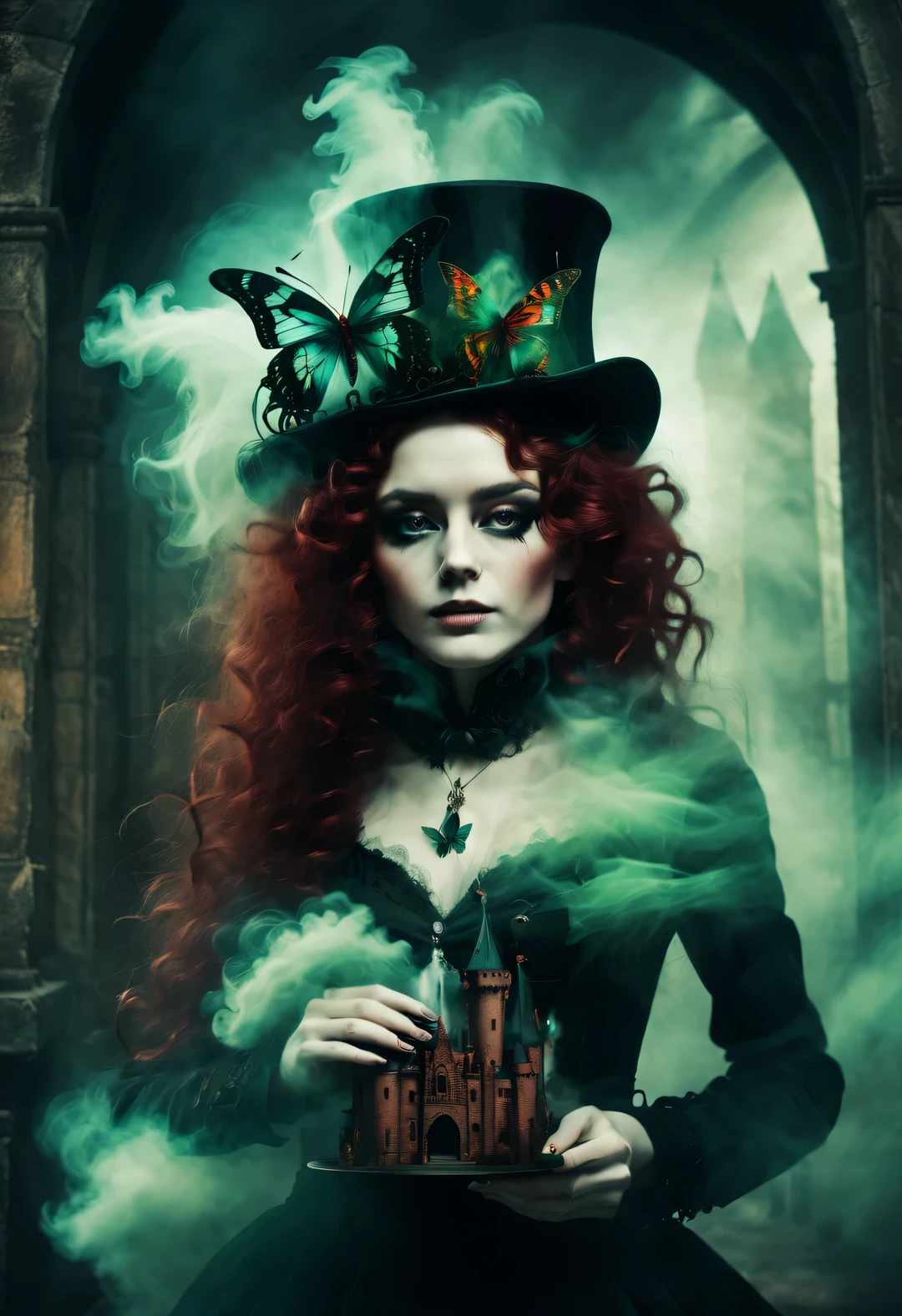 gothic dark art，double contact，Dream，amazing rag doll，ethereal，Long curly crimson hair，castle，dark green，top hat，gear，Butterfly，smokes，