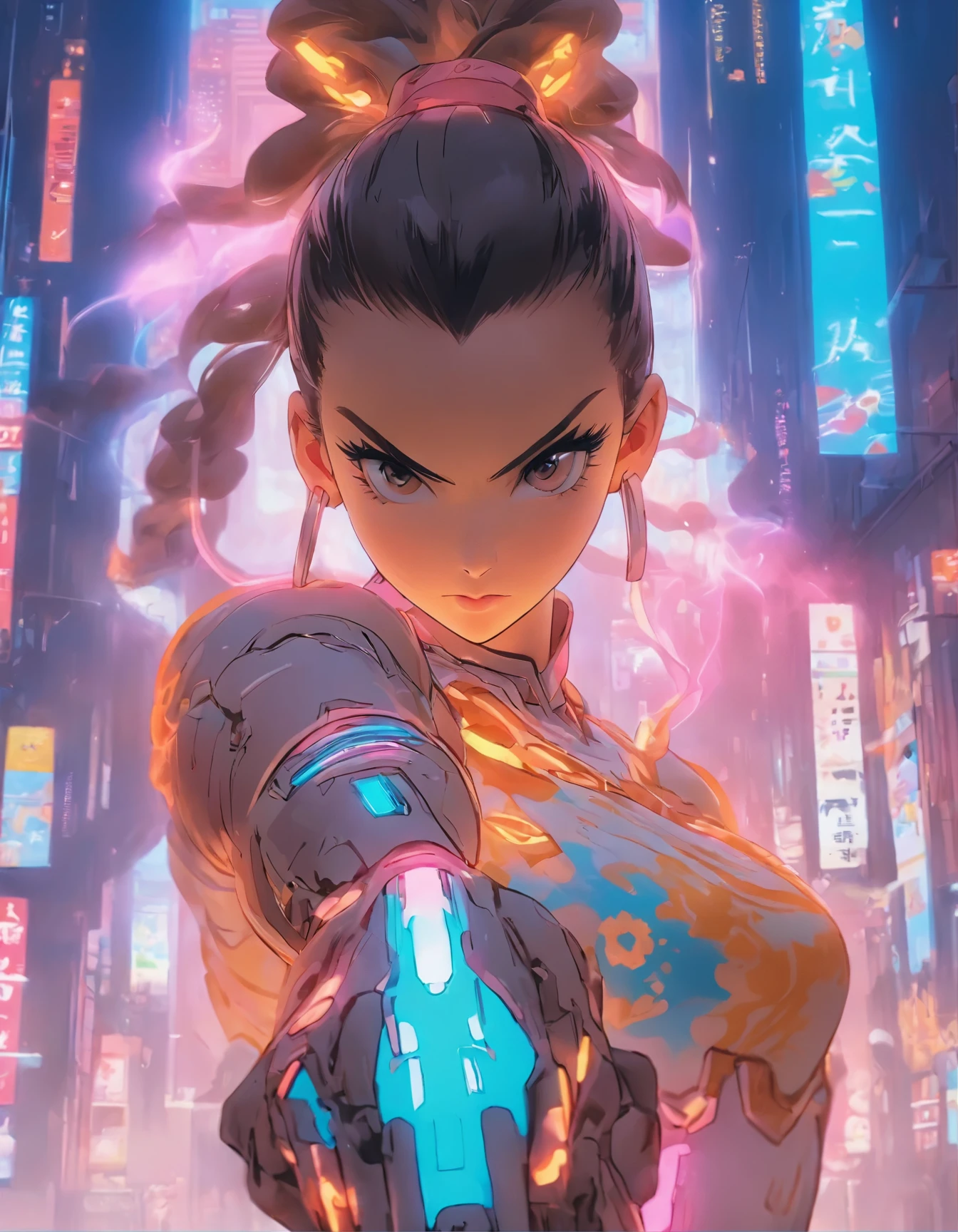 （best quality：1.3），（masterpiece：1.2），16k，level picture quality，future technology，1girl，A Chinese Chun-Li wearing a cyberpunk-style mecha costume，meatball head，（glowing electronic screen），（Electronic information flow：1.3），Holographic projection，（Glowing electronic screen on arm：1.2），Multi-line light strips all over the body，Luminous text on thigh，（girl pose：1.2），Colored smoke，City blocks，skyscraper，neon lights，