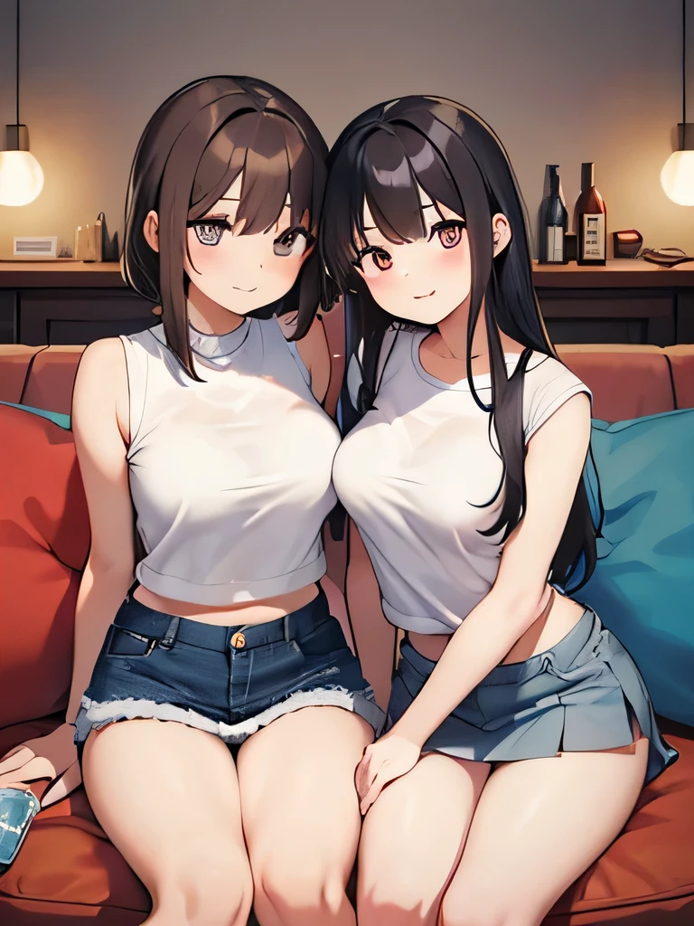(1) two women sitting next to each other, Drinking alcohol on cushions placed on the flooring. they sit with their butts on the floor, so you can see their white panties.
(2) The first woman is wearing a turtle knit, pleated mini skirt, and black socks. long black hair. mature face.
(3) The second woman is wearing a high neck knit, denim mini skirt, and white leg warmers. short brown hair. Her face is young.
(4) Location: living room at night.
(5) Both women are provocative and grinning.