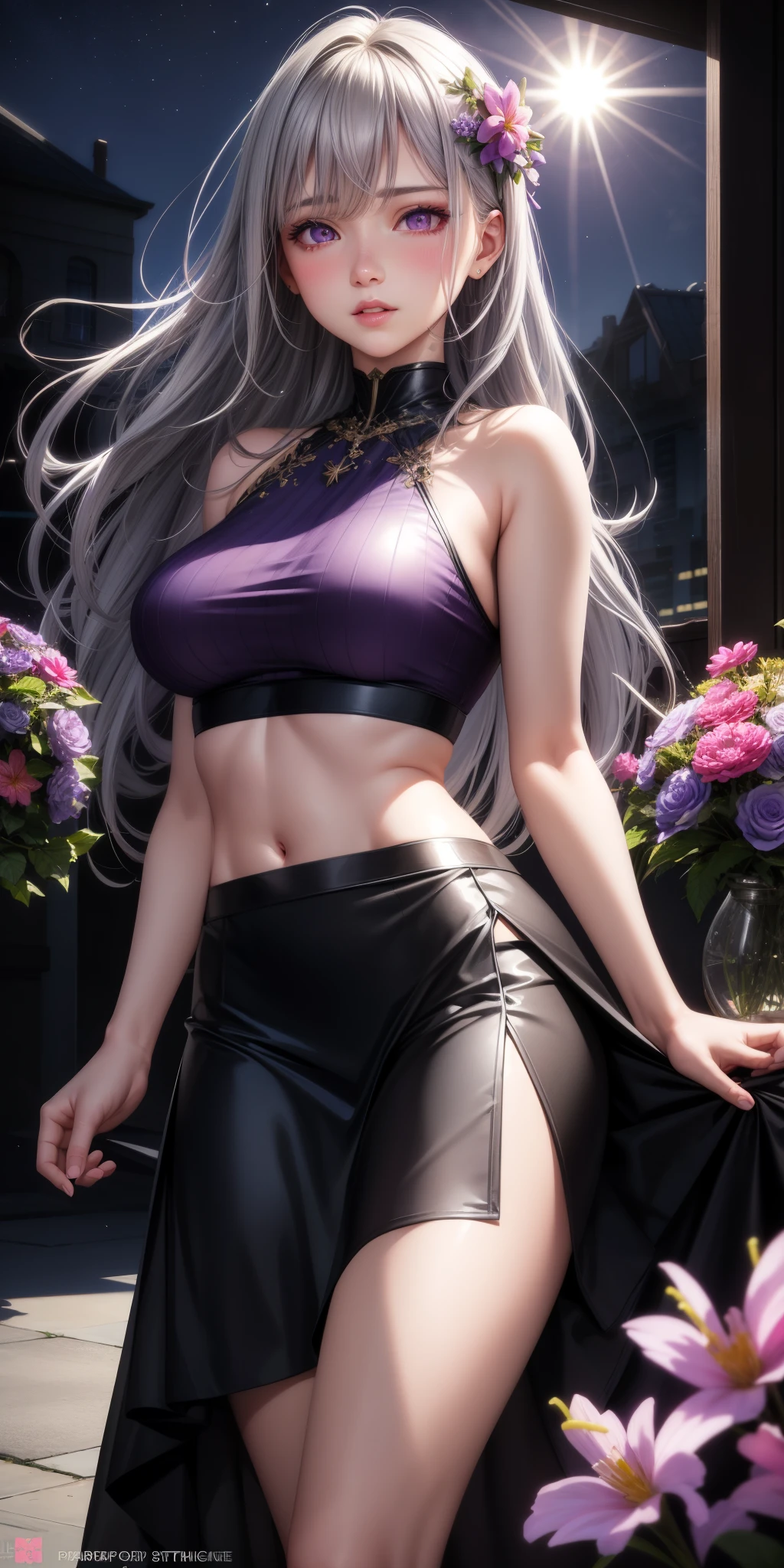 realistic, 1 girl, gray hair, purple eyes, shining eyes, crop top, skirt, parted lips, blush, night, flowers, sun, sunlight,