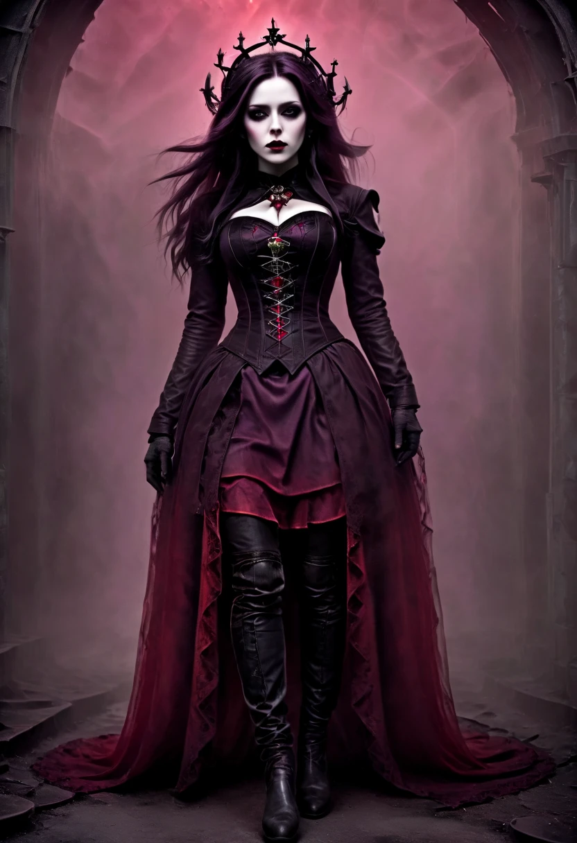 realistic photo, full shot, gothic style, gothic, dark, neo gothic, steampunk gothic, woman (age 30), (realistic face), futuristic gothic outfit, pale skin, gothick makeup, long dark hair in gothick hairstyle with red and purple highlights, tight corset, gothic ta skirt with long back, black stockings (cabaret), lace, boots with a high upper, imersive gothic background, neon lighting (dark purple, dark red, little yellow), dark smoke on ground, myth, fog, gothic cathedral and cementary background, raw photo, HDR, camera (full shot, low angle)