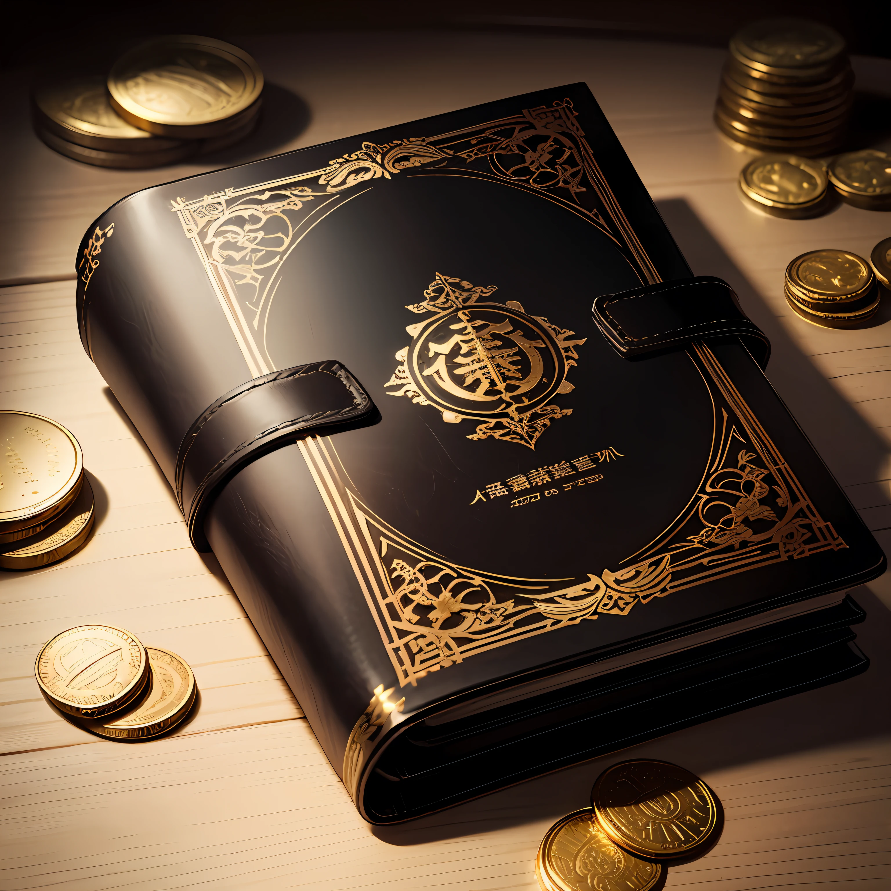 A leather notebook is placed on a pile of golden coins、Em sua capa「A storybook for the rich」The letters are engraved in relief。fundo preto、Expressa uma atmosfera elegante e luxuosa.。 --auto