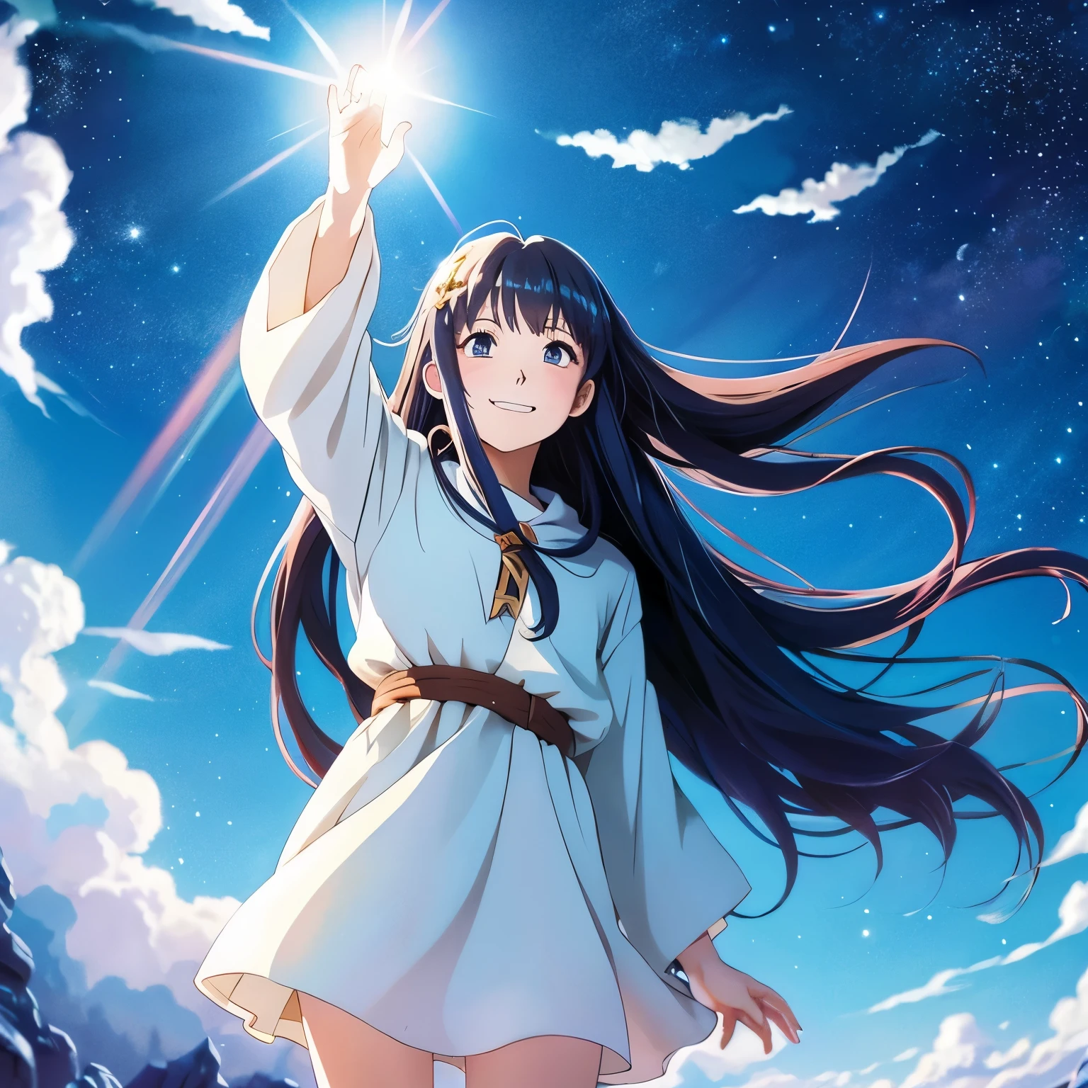 anime Ghibli cheerful girl long hair wizard sky blue