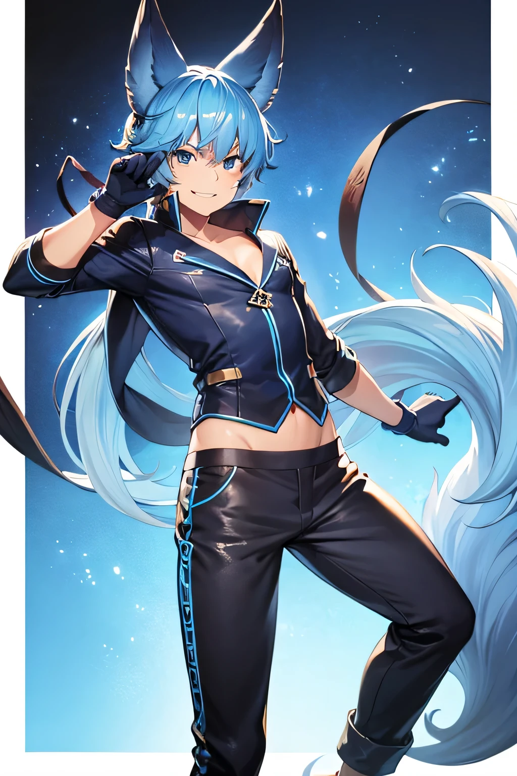 Orelhas de raposa Fenneko, cabelo azul ciano, grande cauda azul, playful smile, olhos azuis, cara, action stance, vestindo um curso de couro, cloth pants
