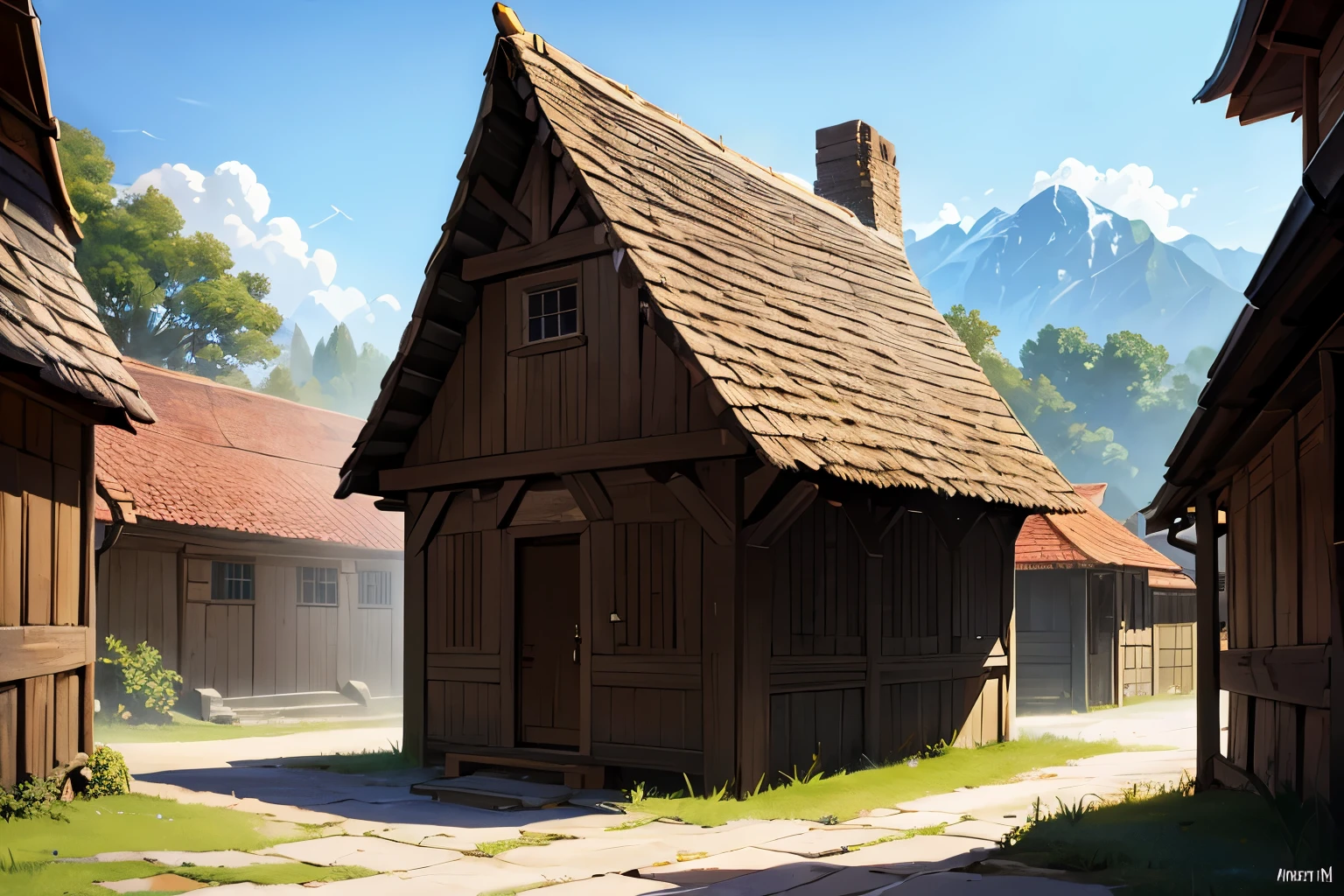 A small medieval village, fantasy, D&D, concept art, sharp focus, trending on artstation, digital painting, texture, wizards of the coast, tabletop, roleplay, stone and wooden building materials, poor village, european culture, muted color