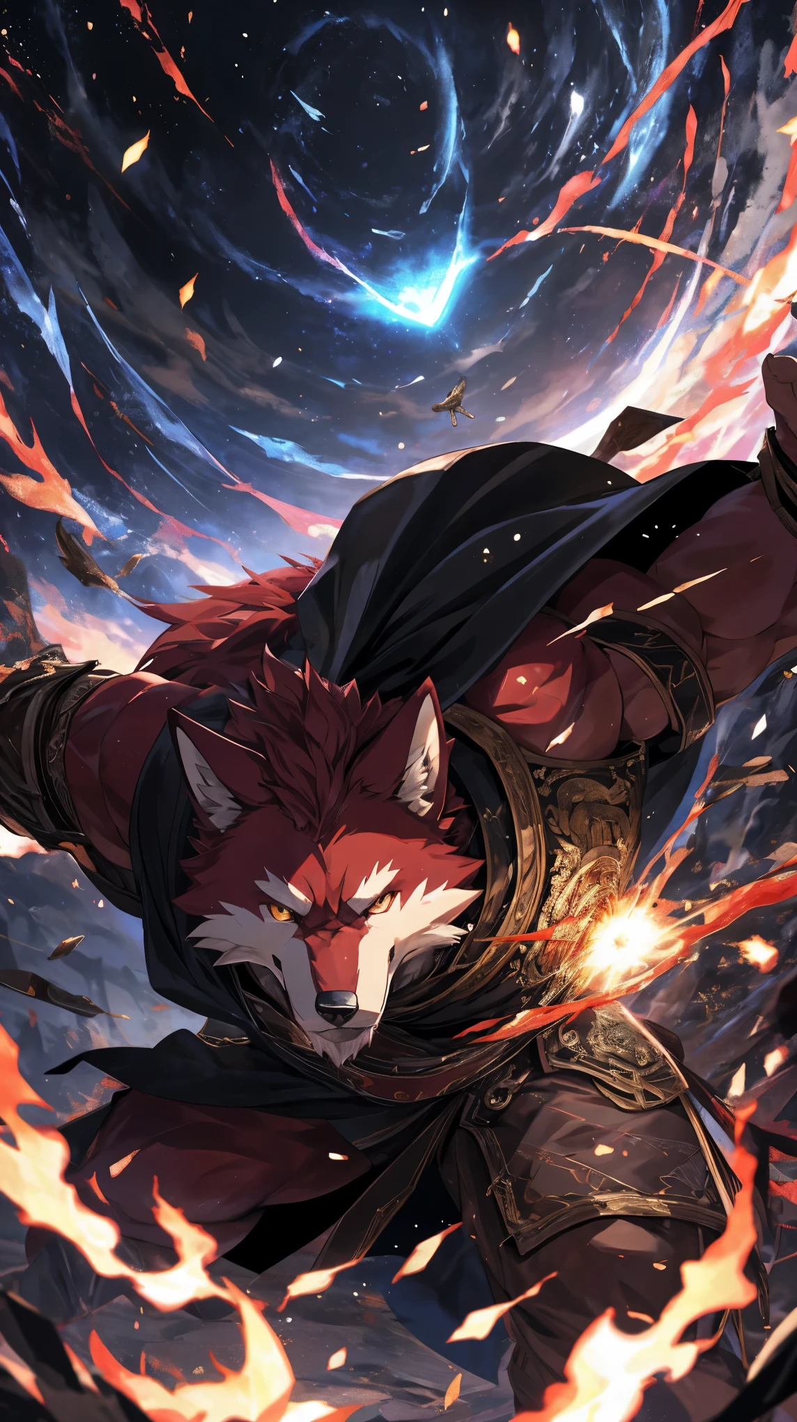 dramatic epic, dynamic poses, a scene from the battle, Exquisite perspective and powerful composition, Gorgeous，Magnificent scenes of fierce battles, Super detailed, sharp focus, mage，calm eyes, 紫色Eye, Eye, hairy, burgundy fur, red fur,Humanity (Wolf), male, 20 years old，red body, white belly, Muscular and lean, mage服装, long black cloak, Super detailed face, (细致的Eye), (close up:1), (The backdrop is a vast view of war:0.5), light particles, motion blur, depth of field, (best quality), (masterpiece), high detail, high quality, Award-winning, high resolution, HD, 16k