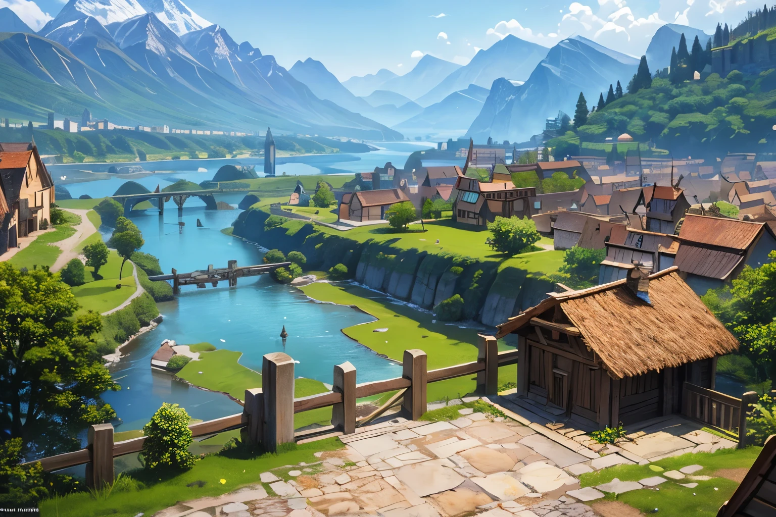 A small medieval village, fantasy, D&D, concept art, sharp focus, trending on artstation, digital painting, texture, wizards of the coast, tabletop, roleplay, stone and wooden building materials, poor village, european culture, muted color, river side