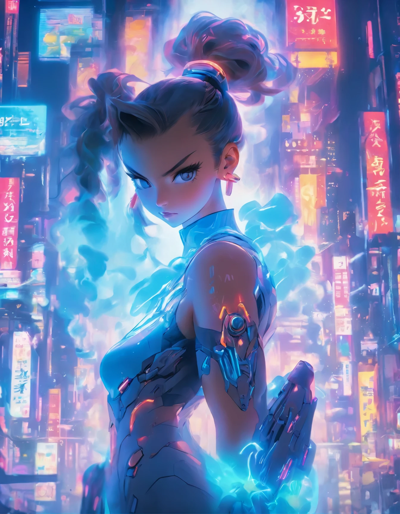 （best quality：1.3），（masterpiece：1.2），16k，level picture quality，future technology，1girl，A Chinese Chun-Li wearing a cyberpunk-style mecha costume，meatball head，（glowing electronic screen），（Electronic information flow：1.3），Holographic projection，（Glowing electronic screen on arm：1.2），whole body多线条光条，Luminous text on thigh，（girl pose：1.2），Glowing electronic shoes，whole body，Colored smoke，City blocks，skyscraper，neon lights，