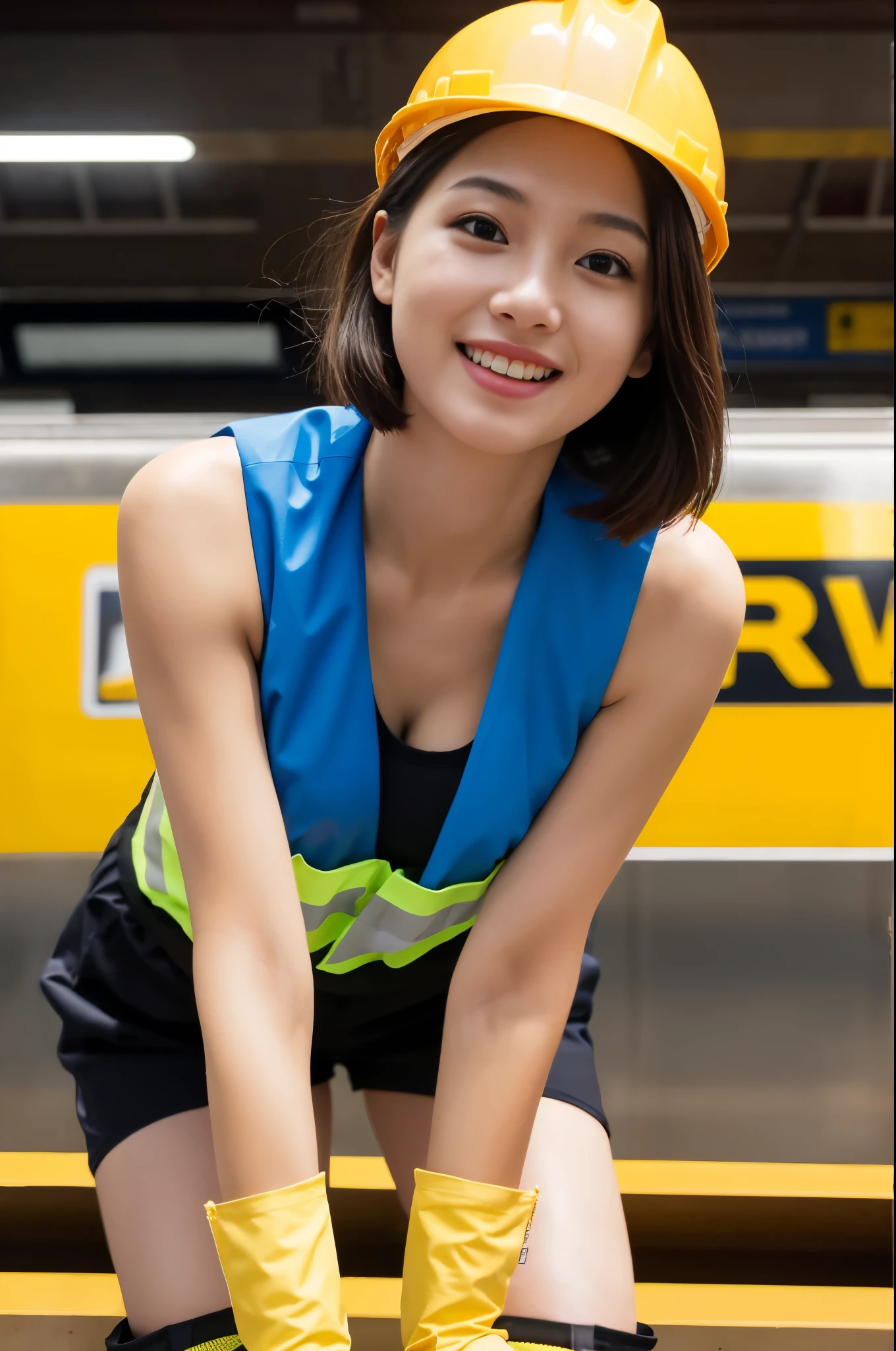 A 19-year-old girl with a very cute face like an idol.、Gentle and cute、A kind smile、Taking a break with workers at a building construction site、Yellow Helmet、Work clothes、Cleavage、彼女は暑いのでWork clothesの前を開けて下着がはっきり見える、whole body、RAW Photos、Genuine、Genuine、High resolution、Genuine Life