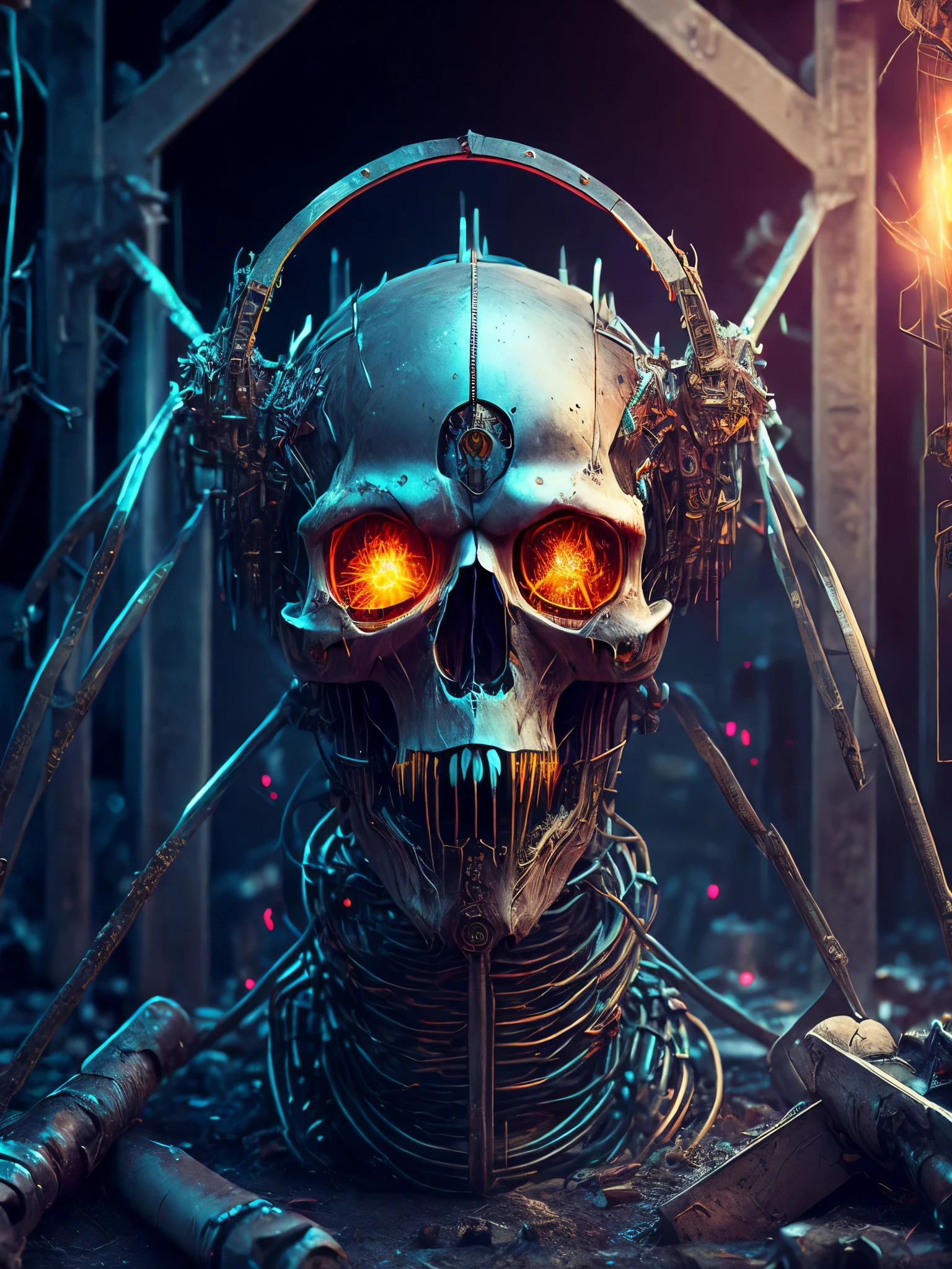 breathtaking cinematic science fiction photo of a full body skull-crusher, metal skin, body full of rapped wires and glowing metrics inside, glowing multicoloured eyes, multifaceted eyes, metallic arms, inside a destroyed building, extremely menacing creature, highly detailed, award-winning