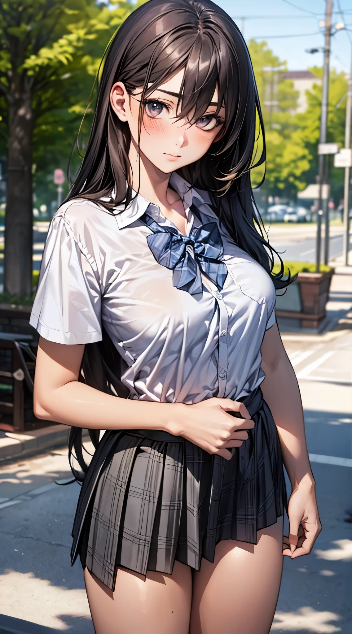(masterpiece:1.2, highest quality), (realistic, photorealistic:1.4), beautiful illustrations,
looking at the viewer, whole body, Front view:0.6,
1 girl, Japanese, high School girl, (long hair:1.5), blown hair, (half up, half updo), bangs, hair between eyes, big breasts:0.8,
beautiful hair, beautiful face, detailed and beautiful eyes, beautiful clavicle, beautiful body, beautiful breasts, beautiful thighs, beautiful feet, beautiful fingers,
(beautiful scenery), , School,
((collared short sleeve shirt, white shirt, School uniform, Grey plaid pleated skirt, blue plaid bow tie)), white panties,
(Are standing, , lift the skirt, grab the hem of the skirt, put your hand on your chest, hand between legs),
blush, ,