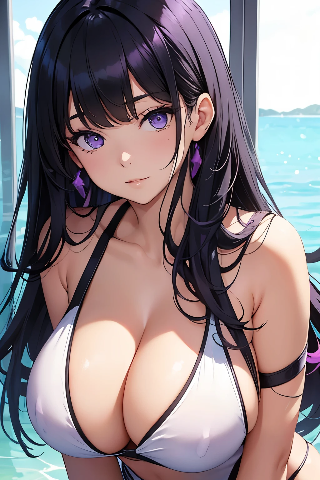 Beautiful girl, black hair, Blake, purple hair tips, Blake, white swimsuit, big breasts, cleavage, sexy,