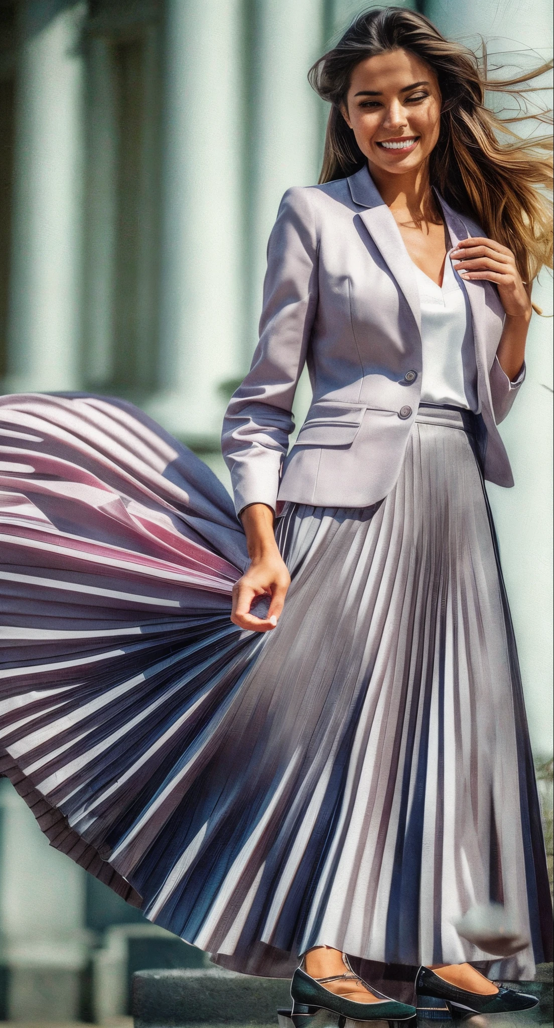 A smiling, authentic, (shy:1,3), kind, beautiful woman, is passionately in love with her skirt, sitting down on the gound while wind lifts her skirt, wearing short blazer and very very detailed (long (fully pleated) full circle skirt) and (low heeled court shoes), very very intricate hyper-detailed symmetric (attractive graceful young feminine face) with (sad, tired eyes and a loving smile), large breasts, full of empathy and compassion and love, (pronounced (feminine) features), (highly detailed ultra accurate realistic) hands and fingers, (windy), epic composition, highly detailed attributes, (35mm f1.4 Kodak portra 400 photograph), extremely high quality RAW photograph, highly detailed atmosphere, sci-fi, cinematic shot, dynamic lighting, 75mm, Technicolor, Panavision, cinemascope, sharp focus, fine details, 8k, HDR, realism, realistic, key visual, film still, superb cinematic color grading, depth of field