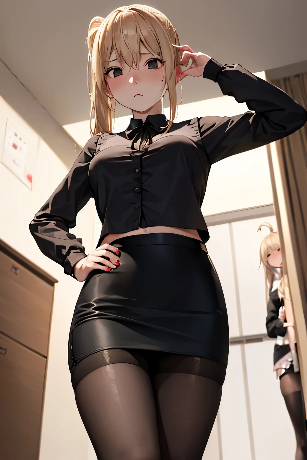 muste piece, best quality, 1 girl,blonde, (black eye:1.2),((Bedroom))、((stockings))、((embarrassed expression))、((Mi Hai Sand))、((Photo from below))、(((blouse)))、((long hair))、((C cup breastpread legs))、(ponytail)、((pencil skirt))