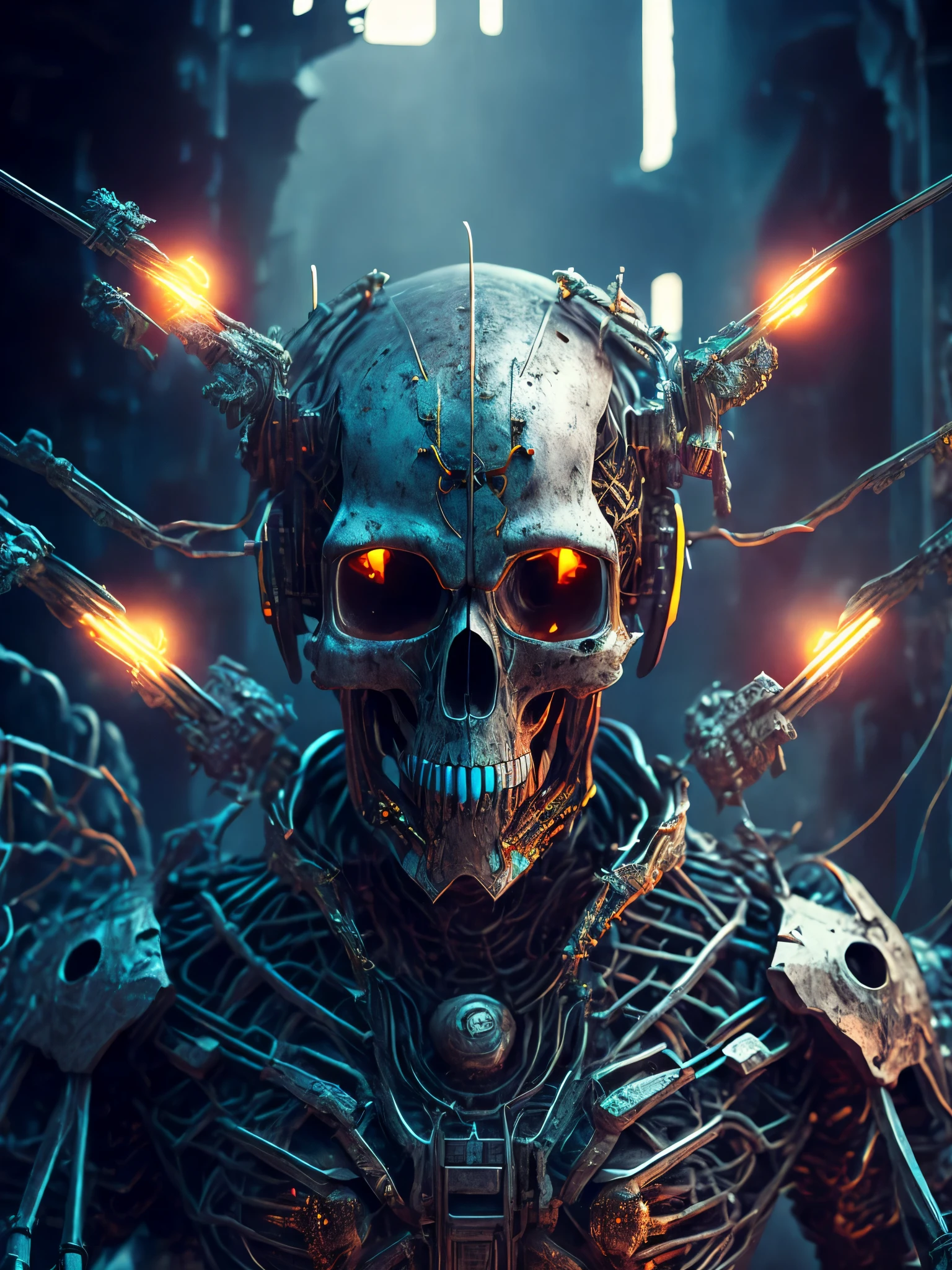 breathtaking cinematic science fiction photo of a full body skull-crusher, metal skin, body full of rapped wires and glowing metrics inside, glowing multicoloured eyes, multifaceted eyes, metallic arms, inside a destroyed building, extremely menacing creature, highly detailed, award-winning