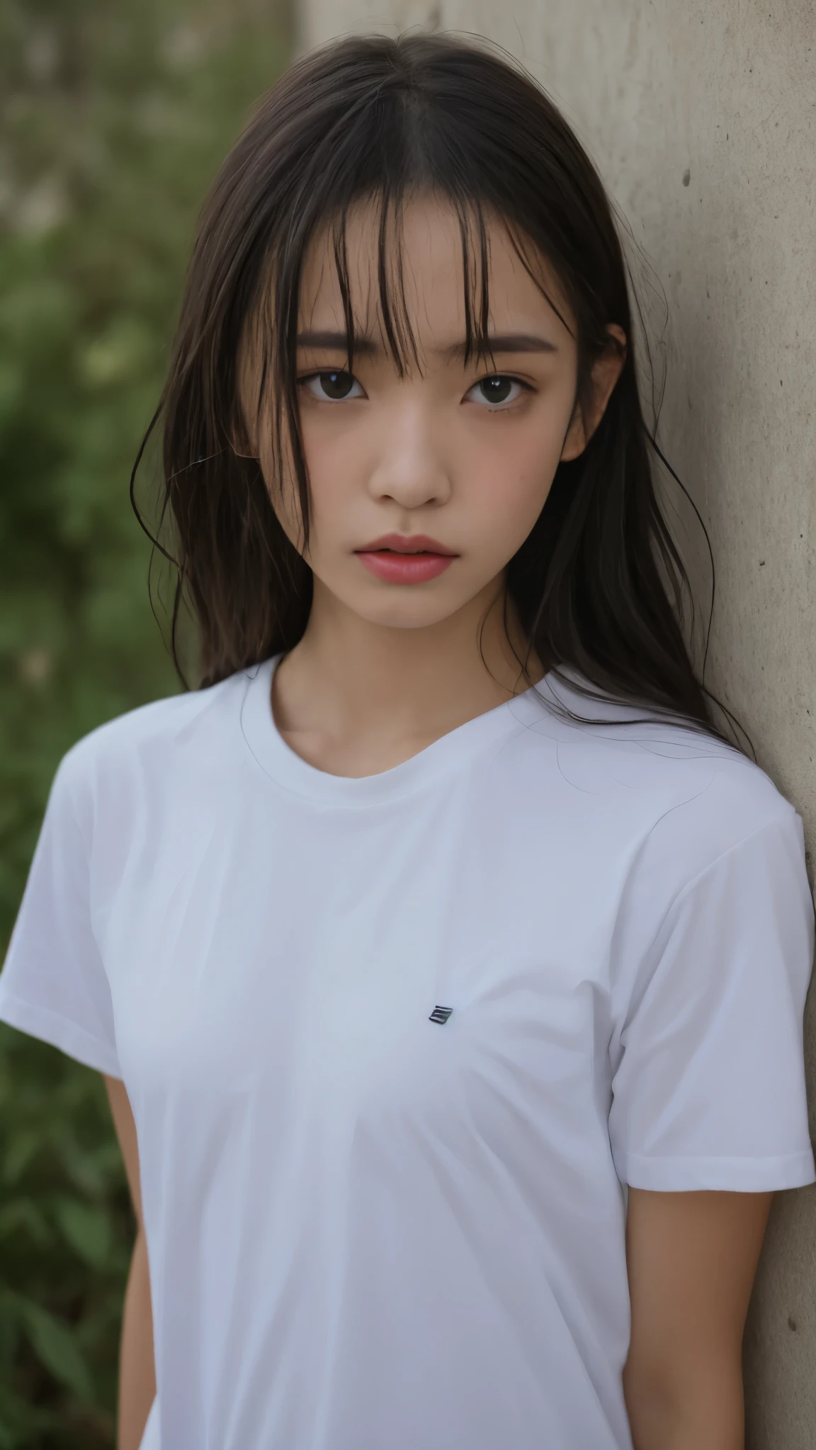 Beautiful Perfect Face, Zombie Girl, Okinawa, High School Studeeve Shirt, Hard Nipples, Vagina, Rain Wet Body, Full Body, Old Residential Area, Tan, Dark Skin, Sweat, Mole, realistic, small round face, vignette,