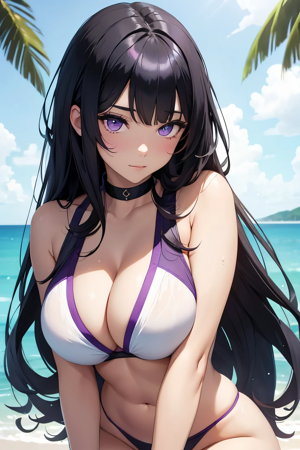 Beautiful girl, black hair, Blake, purple hair tips, Blake, white swimsuit, big breasts, cleavage, sexy,