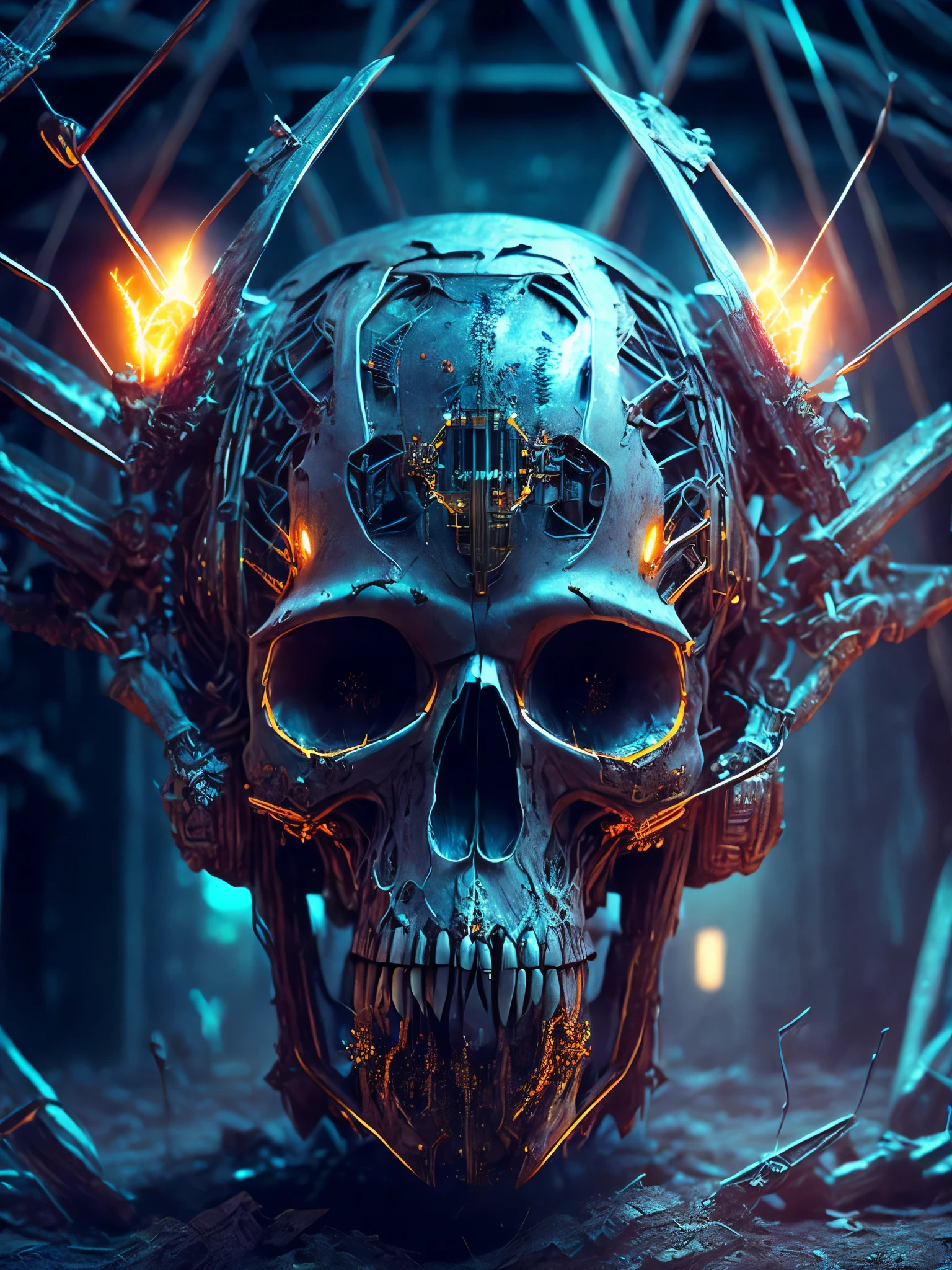 breathtaking cinematic science fiction photo of a full body skull-crusher, metal skin, body full of rapped wires and glowing metrics inside, glowing multicoloured eyes, multifaceted eyes, metallic arms, inside a destroyed building, extremely menacing creature, highly detailed, award-winning