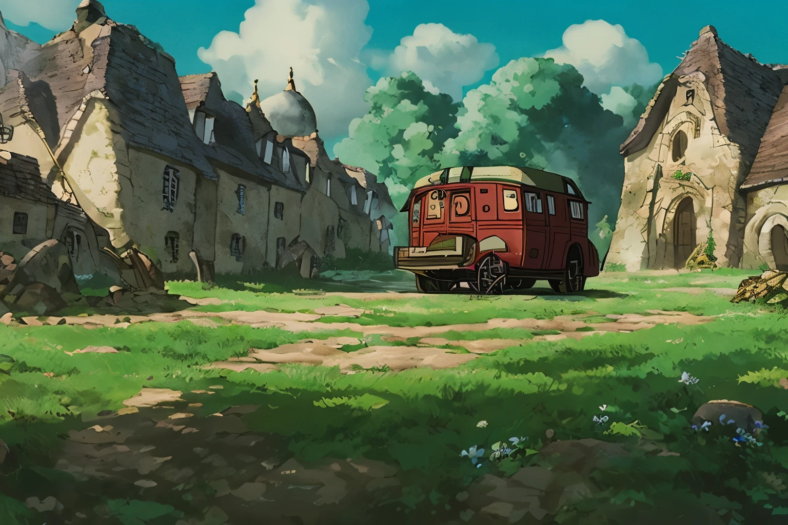 studio_ghibli_anime_style style A small medieval village, fantasy, D&D, concept art, sharp focus, trending on artstation, digital painting, texture, wizards of the coast, tabletop, roleplay, stone and wooden building materials, poor village, european culture, muted color, close up