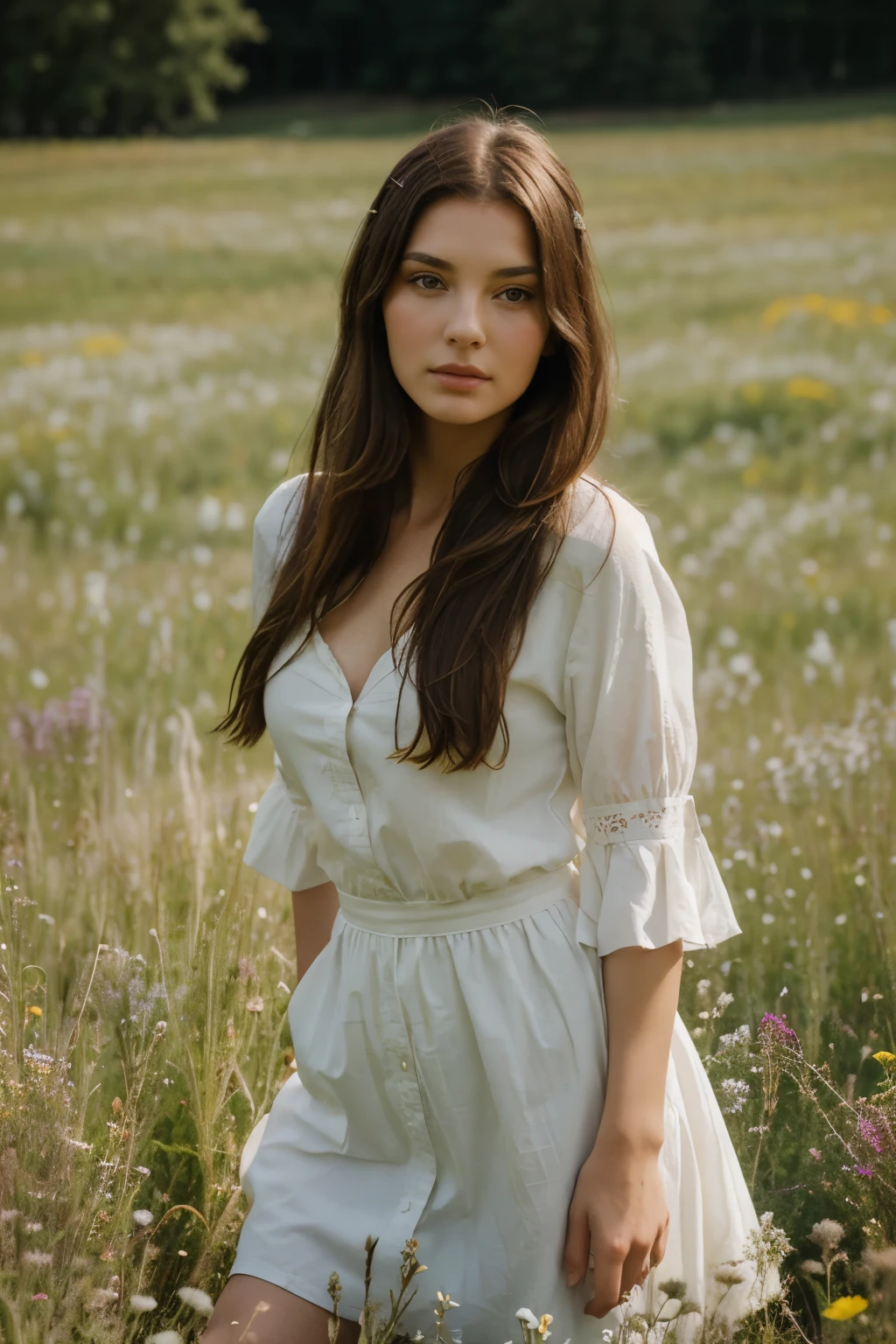 A portrait of a Burnette woman standing, The model lies gracefully in a meadow, surrounded by wildflowers, exuding a regal air with a captivating gaze.