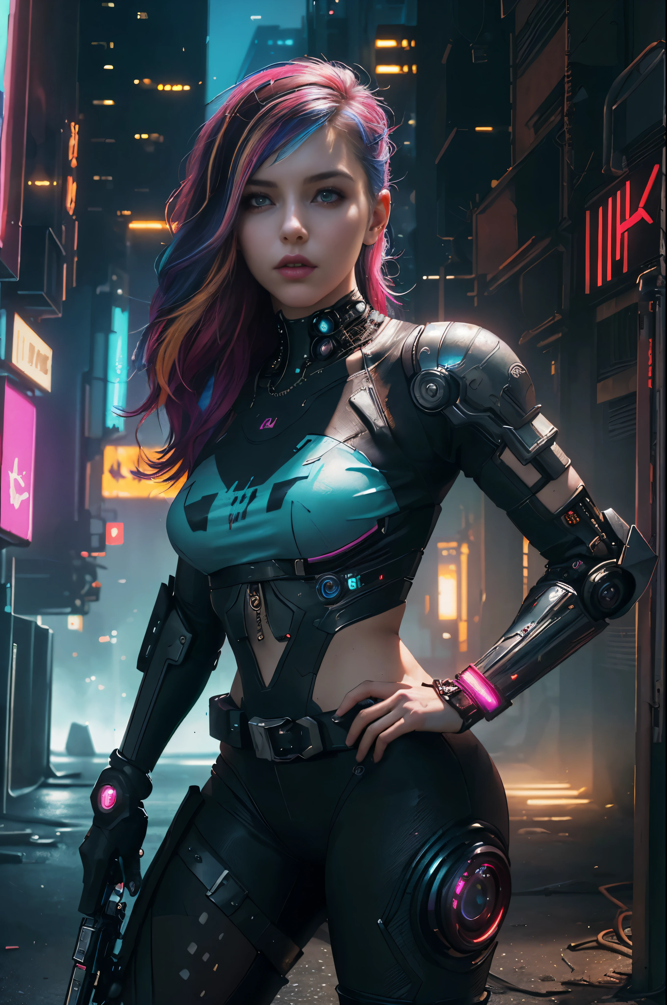 (Photorealistic:1.4) image of a girl in cyberpunk style, (top quality, 8K, 32K, Masterpiece) , (dynamic pose), ((front camera)), cowboy shot, shapeless hair, multicolored hair, colorful combat armor in cyberpunk style,depth of field f/1.8, cyberpunk city background, cinematic lighting.