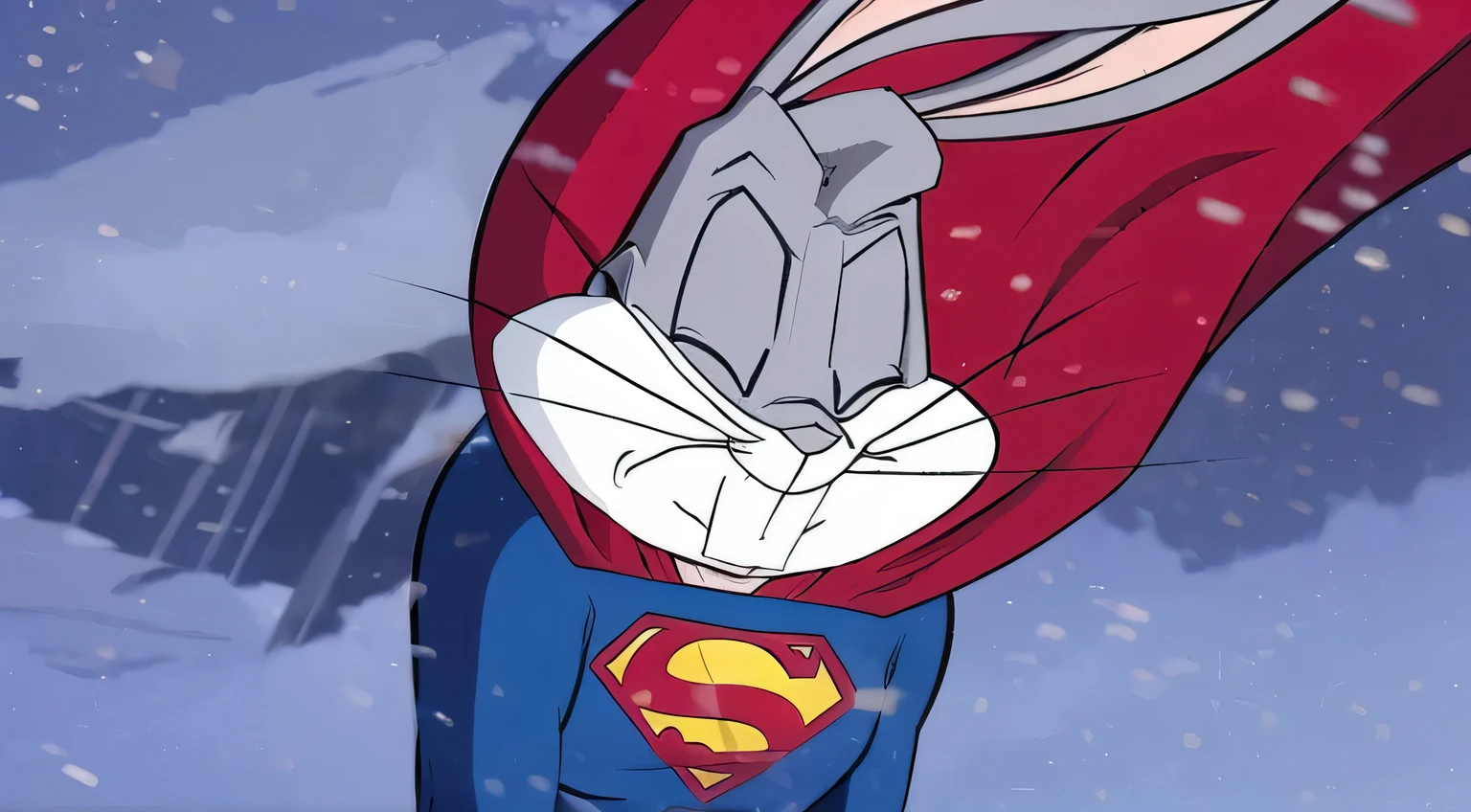 Um coelho de olhos fechados com roupa de super Man , estilo Disney pixa