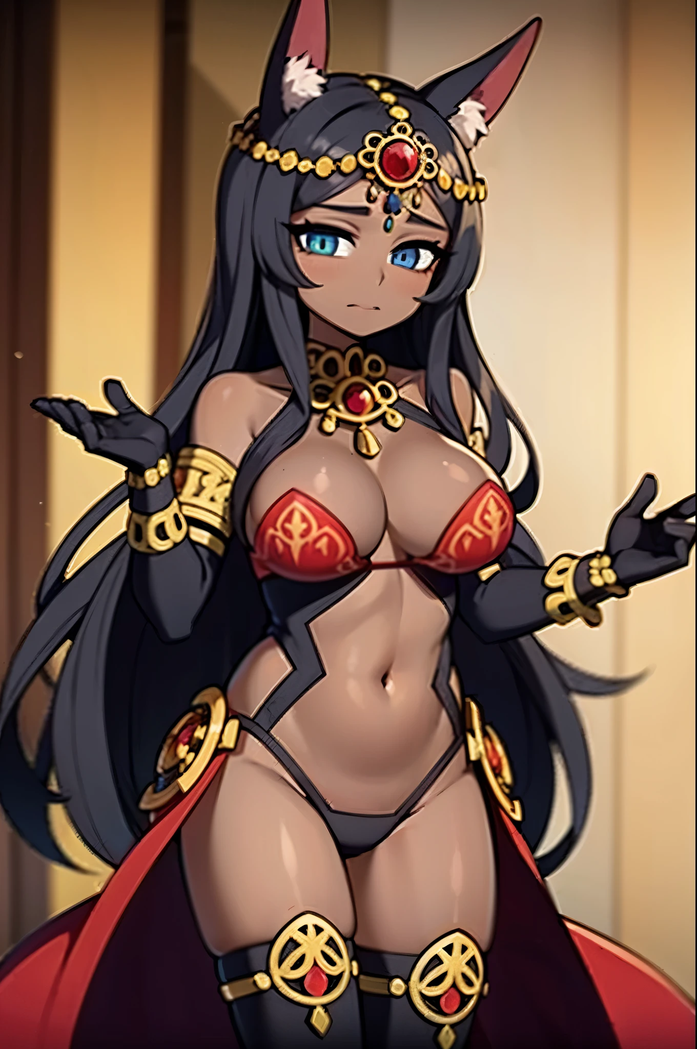 Queen of Sheba, Queen of Sheba, orelhas de animais, water eyes, pele escura, dark skinned female, forehead jewelry, gem, orelhas de chacal, cabelo roxo, QUEBRAR bridal gauntlets, diadema, Egyptian clothing, head chain, QUEBRAR looking at viewer, QUEBRAR outdoors, areia, sobremesa, QUEBRAR (obra de arte:1.2), melhor qualidade, high resolution, papel de parede da unidade 8k, (illustration:0.8), (lindos olhos detalhados:1.6), rosto extremamente detalhado, perfect lighting, CG extremamente detalhado, (perfect hands, anatomia perfeita),