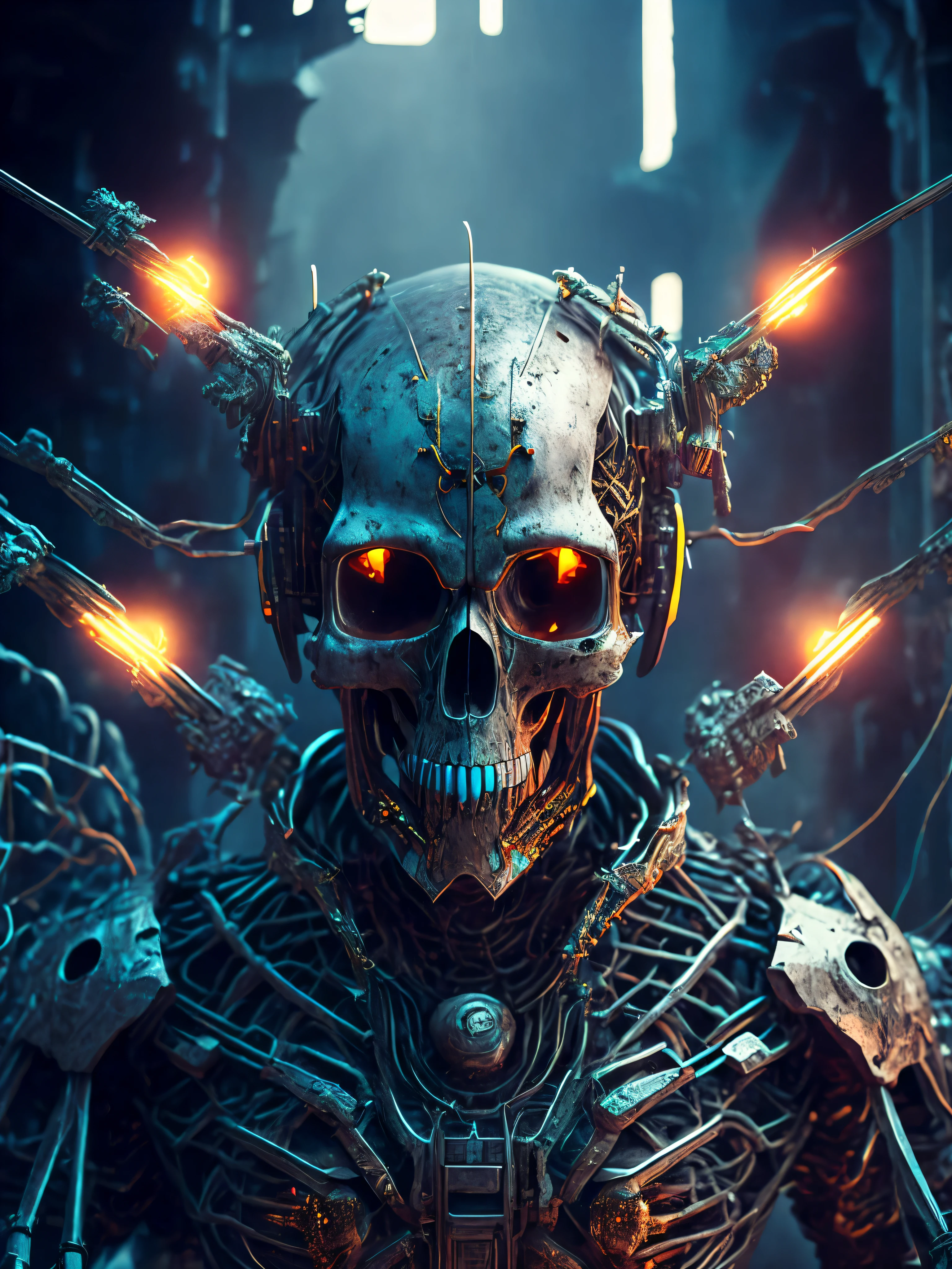 breathtaking cinematic science fiction photo of a full body skull-crusher, metal skin, body full of rapped wires and glowing metrics inside, glowing multicoloured eyes, multifaceted eyes, metallic arms, inside a destroyed building, extremely menacing creature, highly detailed, award-winning