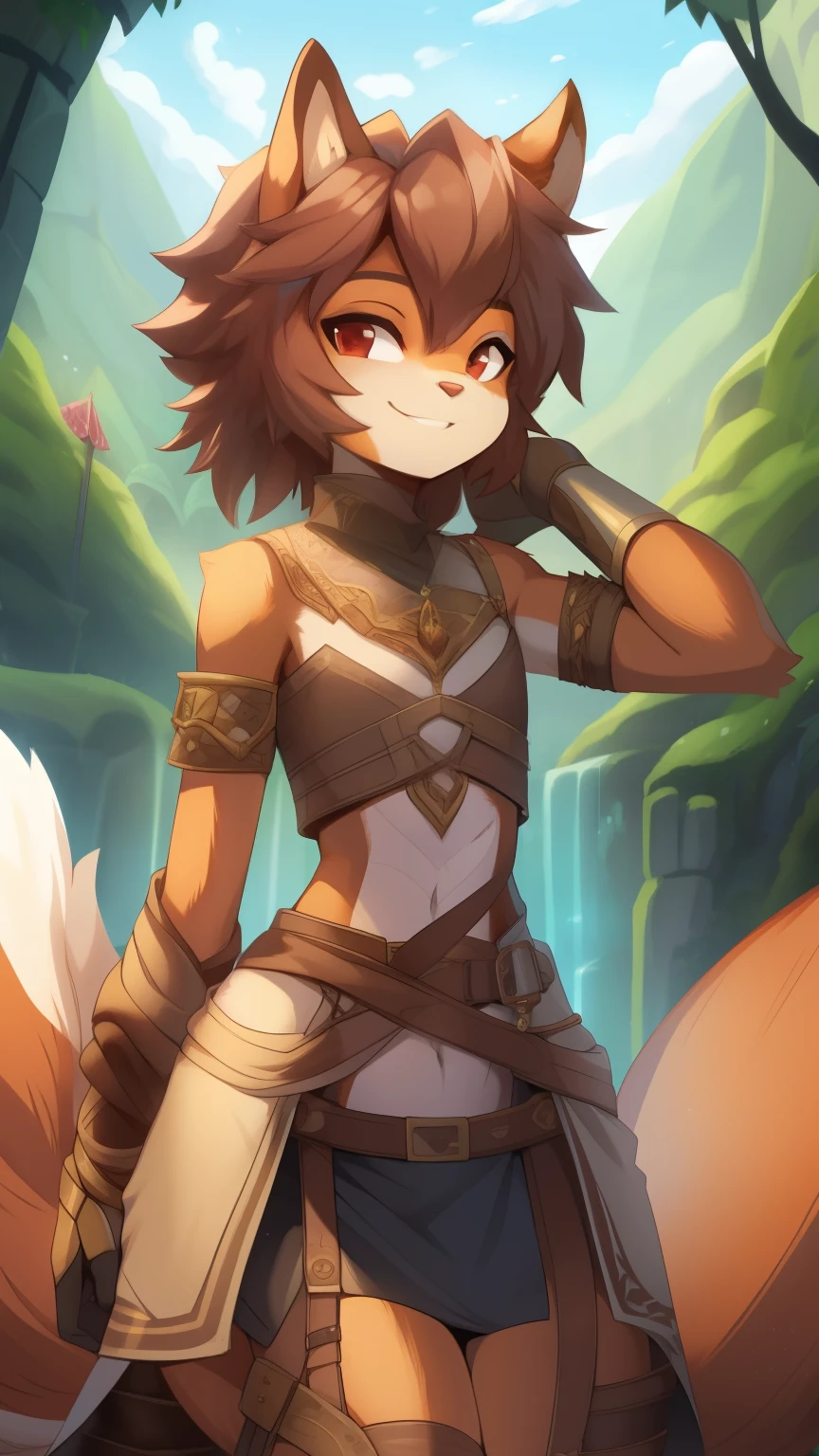 Best quality, Super detailed illustration, (fluffy squirrel boy:1.4) , feminine face and body, disheveled thick hair, Adventurer Equipment,  smug smile, Half-closed eyes , Femboy, small waist, wide hips, Slim, Perfect body, DND style