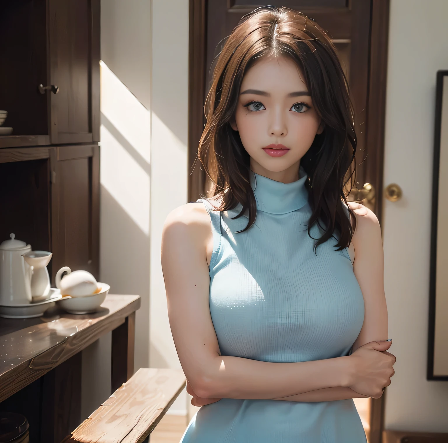 highest quality, 8K quality, masterpiece, (Professional lighting without shadows), (girl１name:１８Year), (perfect body and firm chest:1.3), {{radiant white skin}}, {(Bright and beautiful blue eyes with plump tear bags reflect a lot of light.....:1.2)}、 (She is wearing a bright colored sleeveless turtleneck micro mini dress。.), (No skin is exposed on the upper body except for the arms.....:1.4), (turn towards me、Please show me your firm chest through your clothes.....:1.2),　(from the knees up:1.3), (standing like a model),