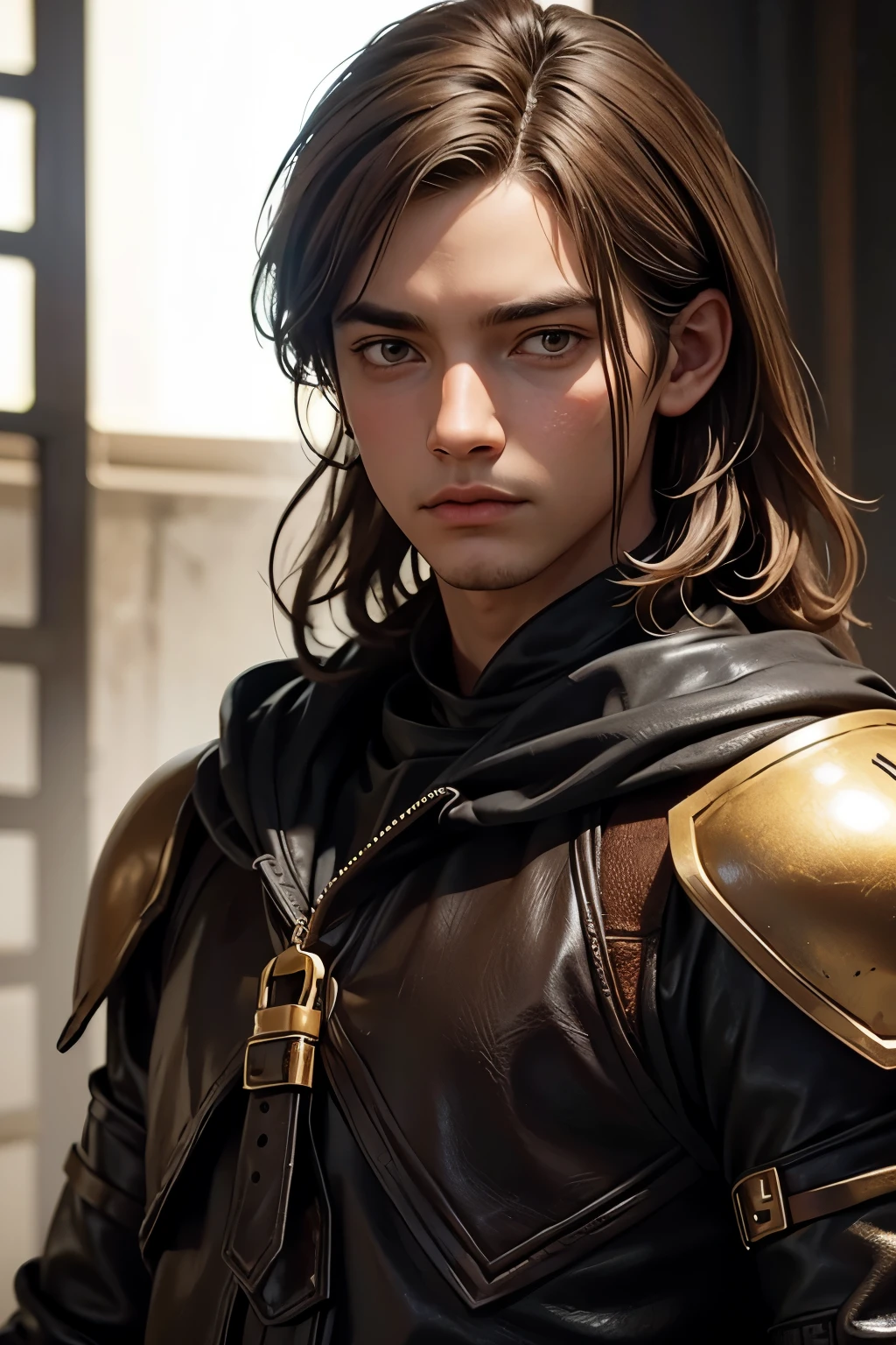 young assassin man with messy golden hair and dark brown eyes in leather armor