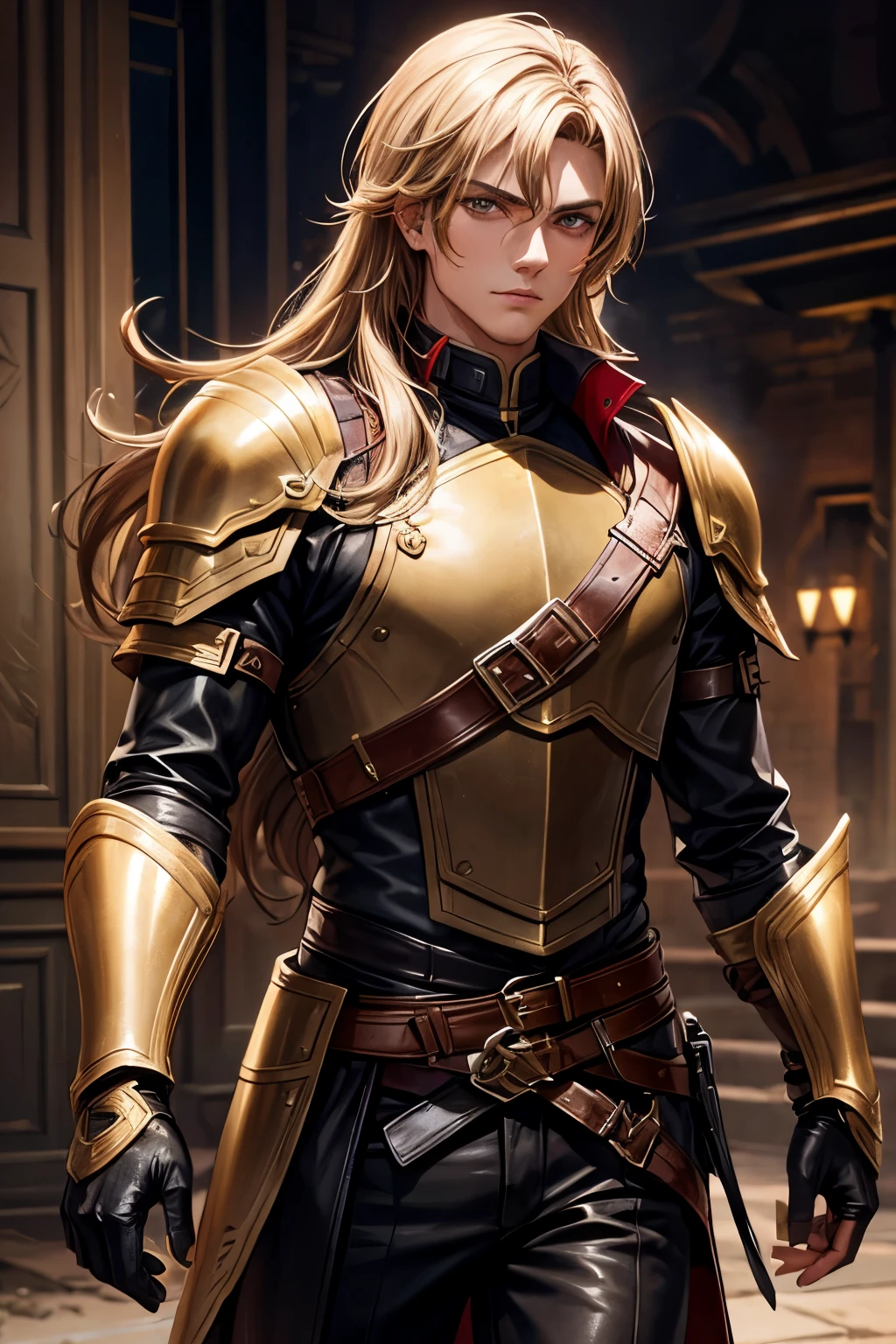 young assassin man with messy golden hair and dark brown eyes in leather armor
