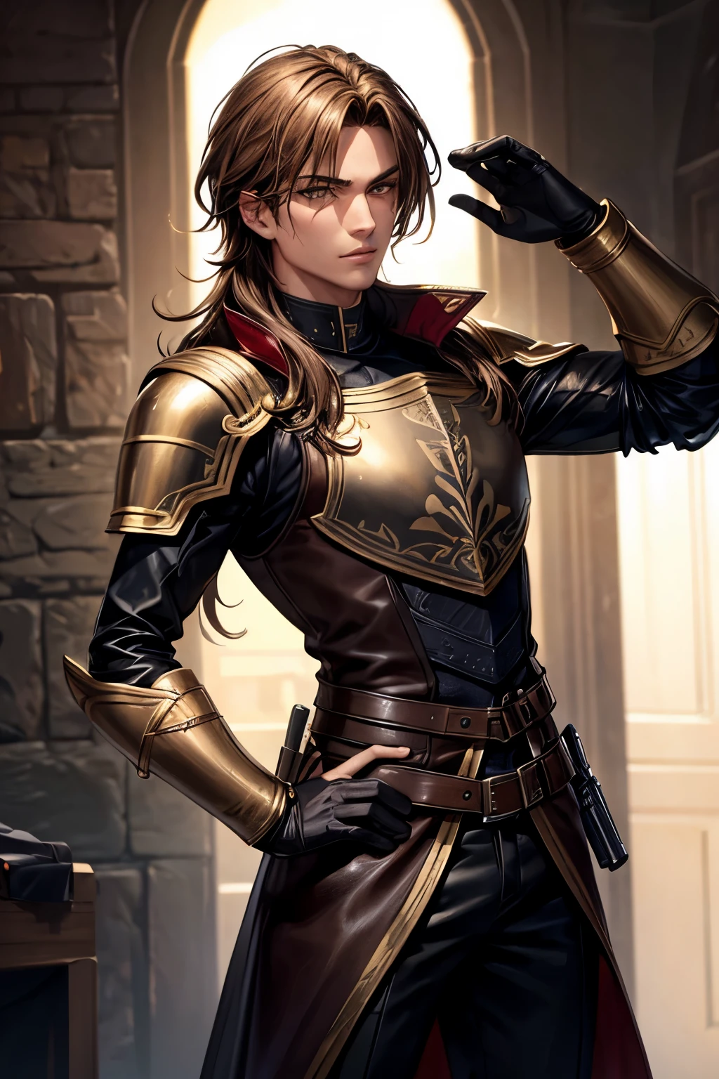 young assassin man with messy golden hair and dark brown eyes in leather armor