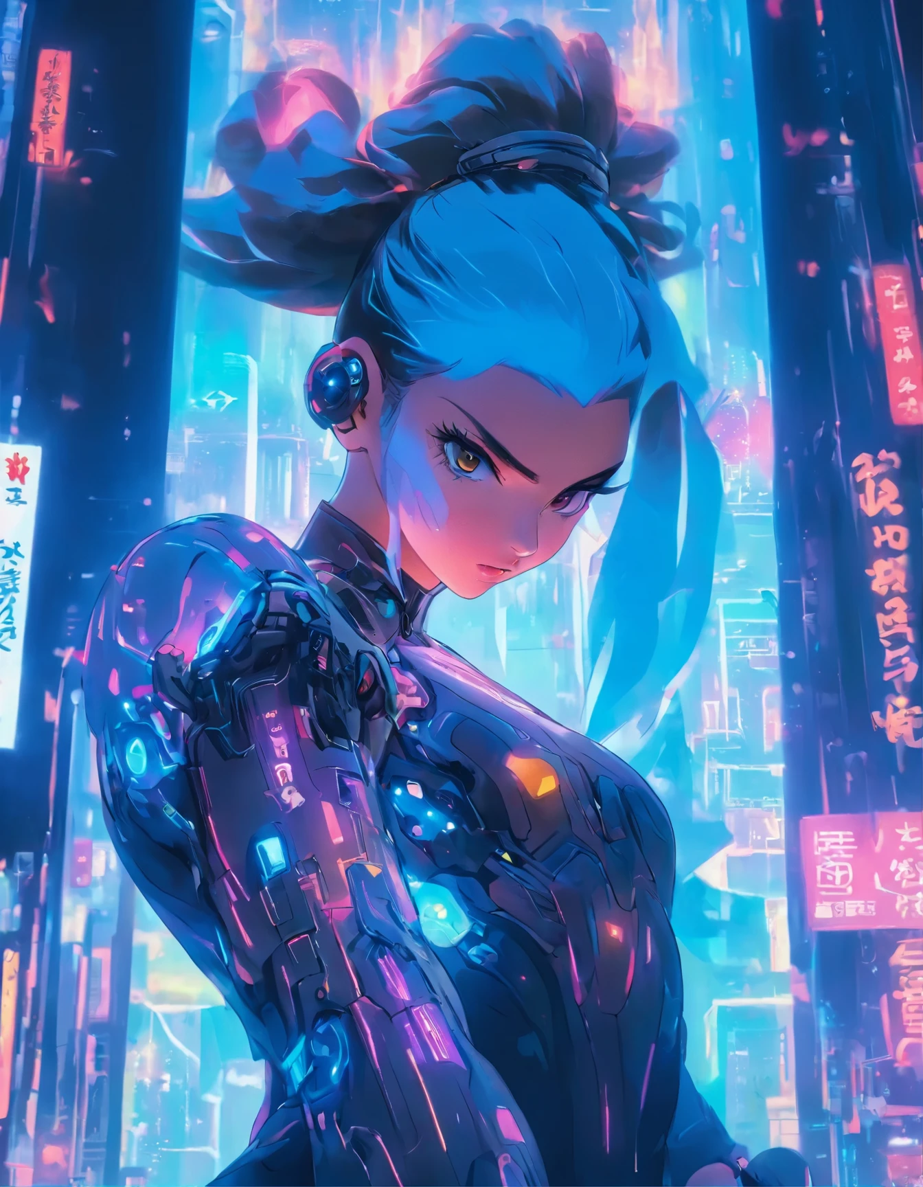 (best quality:1.3),(masterpiece:1.2),16k,level picture quality,future technology,1girl,A Chinese Chun-Li wearing a cyberpunk-style mecha costume,meatball head,(glowing electronic screen),(Electronic information flow:1.3),Holographic projection,(Glowing electronic screen on arm:1.2),whole body多线条光条,Luminous text on thigh,(girl pose:1.2),Glowing electronic shoes,whole body,Colored smoke,City blocks,skyscraper,neon lights,