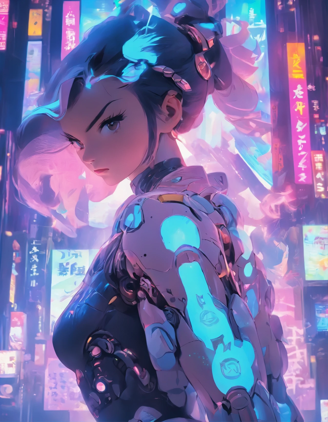 (best quality:1.3),(masterpiece:1.2),16k,level picture quality,future technology,1girl,A Chinese Chun-Li wearing a cyberpunk-style mecha costume,meatball head,(glowing electronic screen),(Electronic information flow:1.3),Holographic projection,(Glowing electronic screen on arm:1.2),whole body多线条光条,Luminous text on thigh,(girl pose:1.2),Glowing electronic shoes,whole body,Colored smoke,City blocks,skyscraper,neon lights,