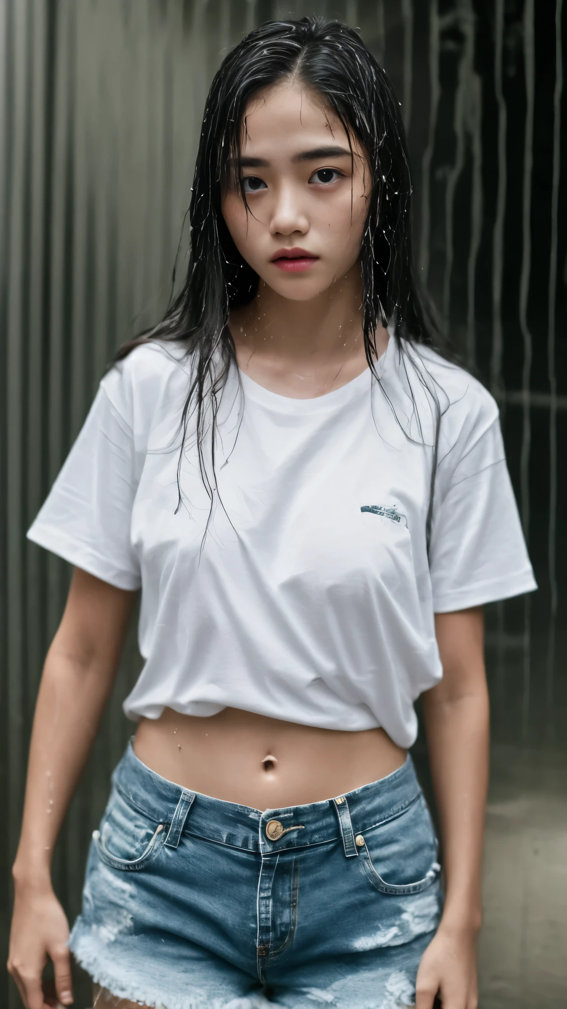 beautiful perfect face, zombie girl, Okinawa, high school student, white short sleeve shirt, hard nipples, denim shorts, wet body from rain, full body, old residential area, tan, dark skin, sweat, mole , realistic, small, round face, vignette,