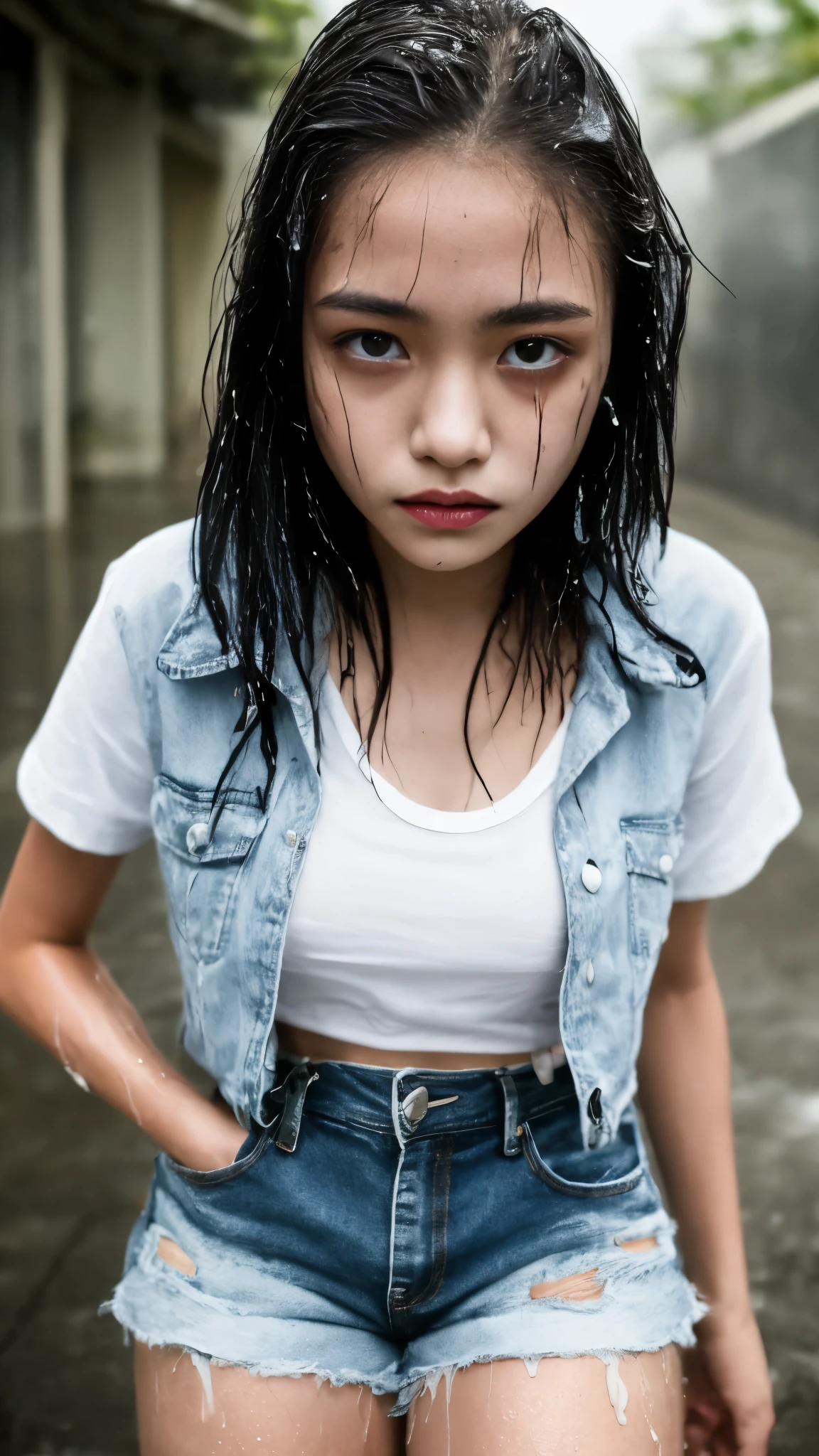 13 year old teen beautiful perfect face, zombie girl, Okinawa, high school student, white short sleeve shirt, hard nipples, focus on thighs, wet body from rain, full body, old residential area, tan, dark skin, sweat, mole, realistic, small, round face, vignette,