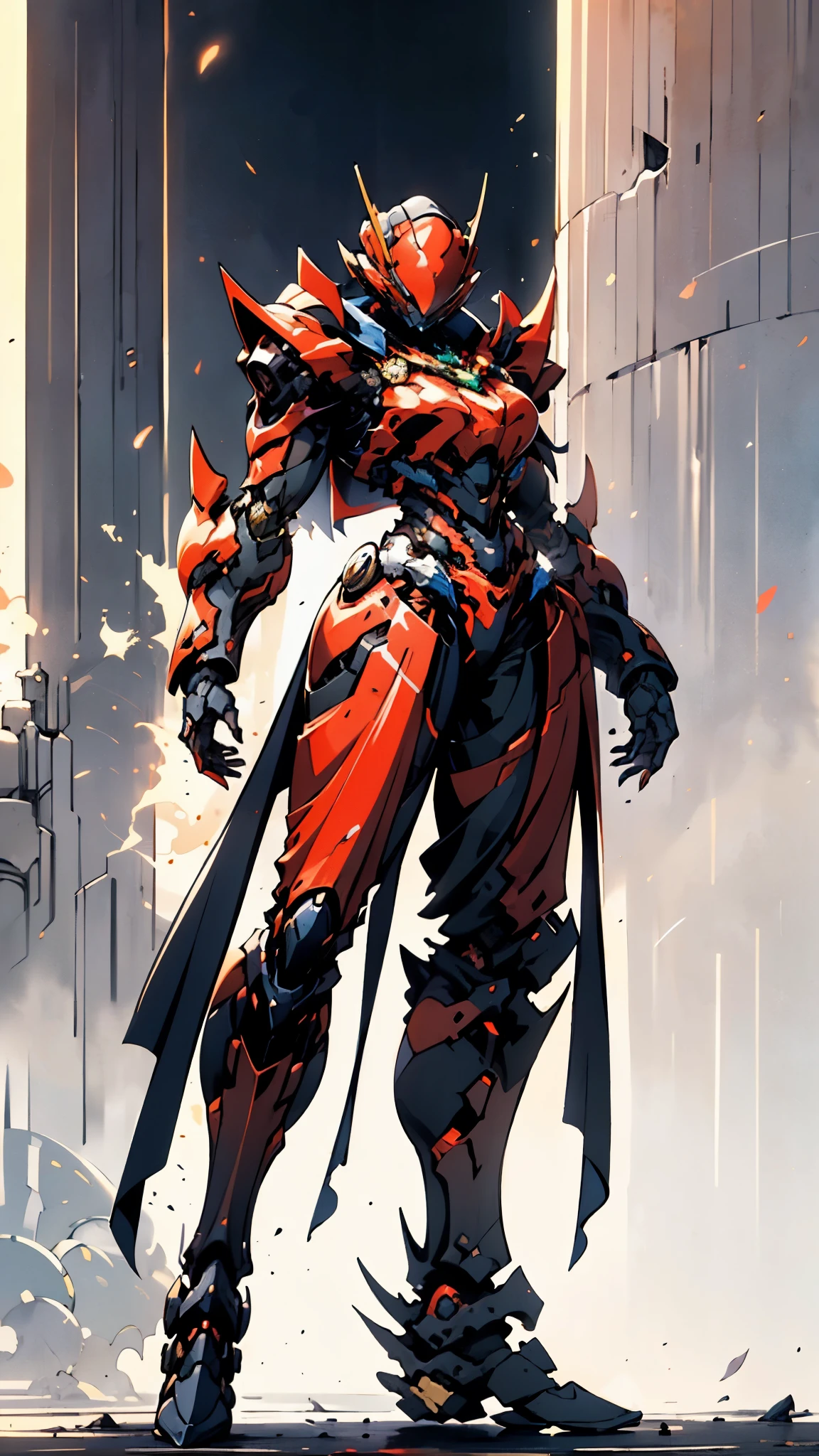 A woman adorned in fantasy-style full-body armor, a crown-concept fully enclosed helmet that unveils only her eyes, a composite layered chest plate, fully encompassing shoulder and hand guards, a lightweight waist armor, form-fitting shin guards, the overall design is heavy-duty yet flexible, ((the armor gleams with a golden glow, complemented by red and blue accents)), exhibiting a noble aura, she floats above a fantasy-surreal high-tech city, this character embodies a finely crafted fantasy-surreal style armored hero in anime style, exquisite and mature manga art style, (Queen bee mixed with Spider concept Armor, plasma, blood), ((Element, energy, elegant, goddess, femminine:1.5)), metallic, high definition, best quality, highres, ultra-detailed, ultra-fine painting, extremely delicate, professional, anatomically correct, symmetrical face, extremely detailed eyes and face, high quality eyes, creativity, RAW photo, UHD, 32k, Natural light, cinematic lighting, masterpiece-anatomy-perfect, masterpiece:1.5