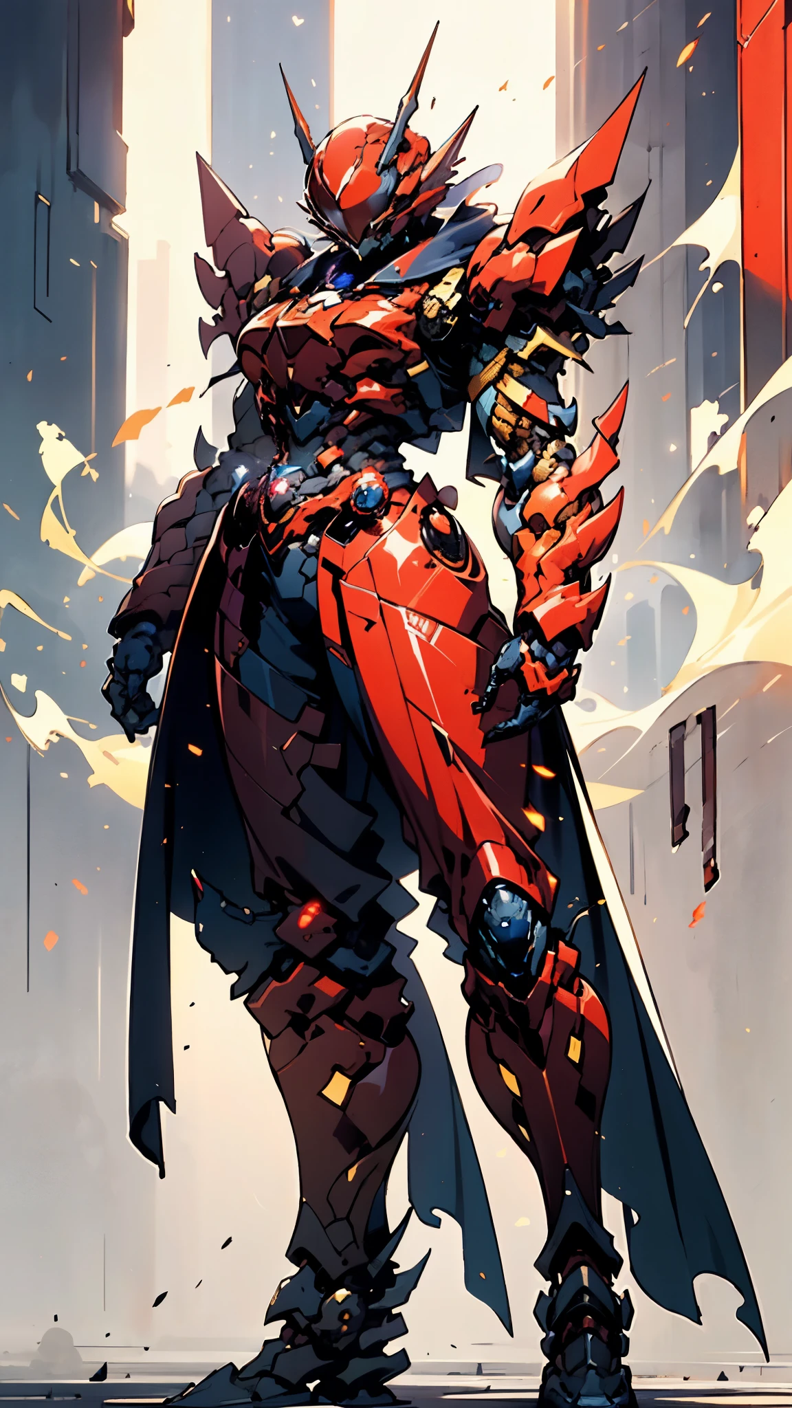 A woman adorned in fantasy-style full-body armor, a crown-concept fully enclosed helmet that unveils only her eyes, a composite layered chest plate, fully encompassing shoulder and hand guards, a lightweight waist armor, form-fitting shin guards, the overall design is heavy-duty yet flexible, ((the armor gleams with a golden glow, complemented by red and blue accents)), exhibiting a noble aura, she floats above a fantasy-surreal high-tech city, this character embodies a finely crafted fantasy-surreal style armored hero in anime style, exquisite and mature manga art style, (Queen bee mixed with Spider concept Armor, plasma, blood), ((Element, energy, elegant, goddess, femminine:1.5)), metallic, high definition, best quality, highres, ultra-detailed, ultra-fine painting, extremely delicate, professional, anatomically correct, symmetrical face, extremely detailed eyes and face, high quality eyes, creativity, RAW photo, UHD, 32k, Natural light, cinematic lighting, masterpiece-anatomy-perfect, masterpiece:1.5
