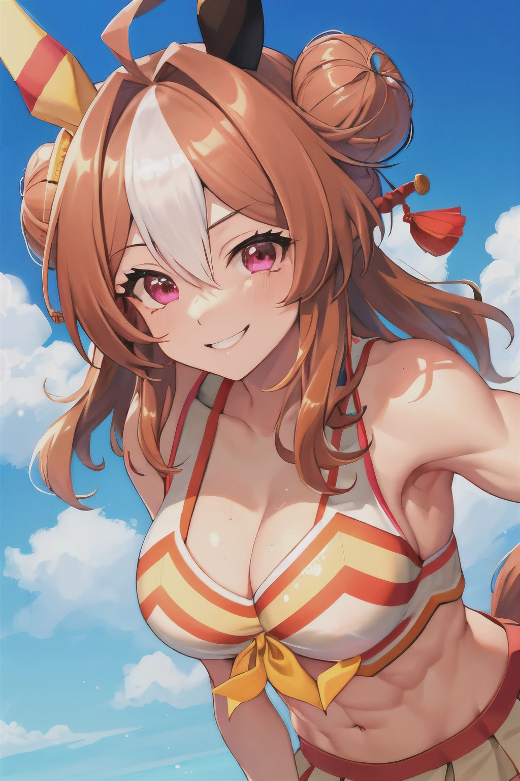 copano rickey\(umamusume\), (((ultra-detailed face))), beautiful face, symmetrical face, (masterpiece), best quality, front, horse tail, stadium, smile, (muscular), (abs:0.85), cheerleader uniform, bikini