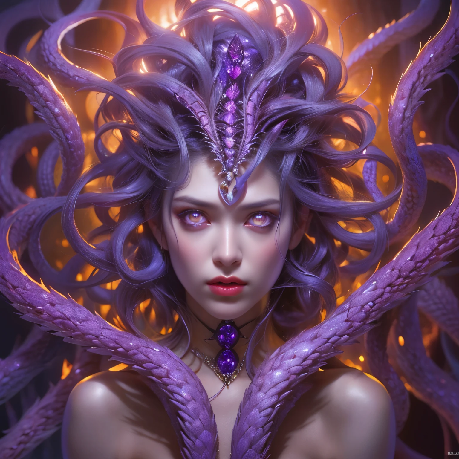 (1 female medusa-like mutant: 1.2), With a beautiful, enchanting face, this alien seduces us with her allure. Her captivating red eyes gleam brightly, reminiscent of burning embers. Her full body is unlike any human's, boasting a sexy, otherworldly form. No humans are present in this scene as she stands alone, her cells fused in a unique and intriguing extraterrestrial way.
(extraordinary beautiful nude photo:1.4), (glowing amethyst crystal eyes:1.5), (sexy and glamorous:1.1), (coquettish expression:1.2), toned lean body, (muscular:1.2), (beautiful abs:1.5), beautiful nipples,  She has lots of iridescent translucent tentacles instead of her hair, pale skin, (white skin with prominent veins:1.3),
Lots of iridescent translucent tentacles adorn her body, shimmering under the dramatic lighting. Her pale skin, with a hint of translucency, adds to her ethereal allure. This masterpiece, rendered in, (There is a female genital-like organ in the middle of the forehead:1.6),