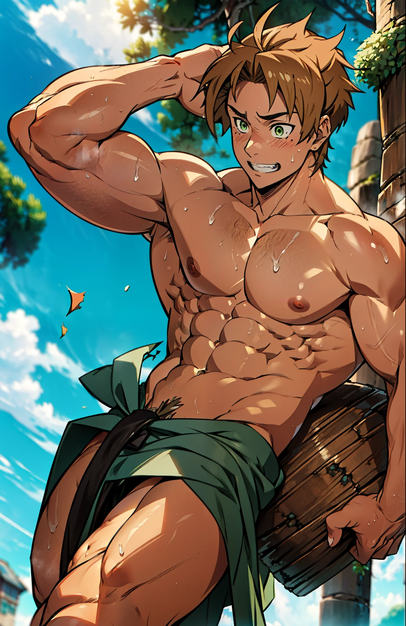 Side view, Showing off his muscular muscular back, red skin, bright red skin, the boy blushed shyly , rosy skin, shiny skin(muscular thigh muscles )( anime style, art) (photo angle from bottom up) (photo angle from the ground upwards) [Anime photo][highest quality photo][4k,HD photo quality ] wear tight and short loincloths , bulging loincloths, torn loincloths, wet loincloths, ancient, dirty loinclothuscular thigh muscles, firm thigh muscles, muscular thigh muscles, sinewy thigh muscles, giant thigh muscles, strong leg muscles, muscular hamstring leg muscles)(thigh muscles bulging as if about to explode, muscular, calloused, sinewy, giant) , Rudeus Greyrat,fun, happy, huge body, muscular and muscular, bodybuilder, bodybuilding, standing, lots of sweat flowing down, topless, shirtless, hot sunny, 8 pack abs , short hair , green eyes, Side View , Raise your arms high to reveal your armpits, Hands behind the head.